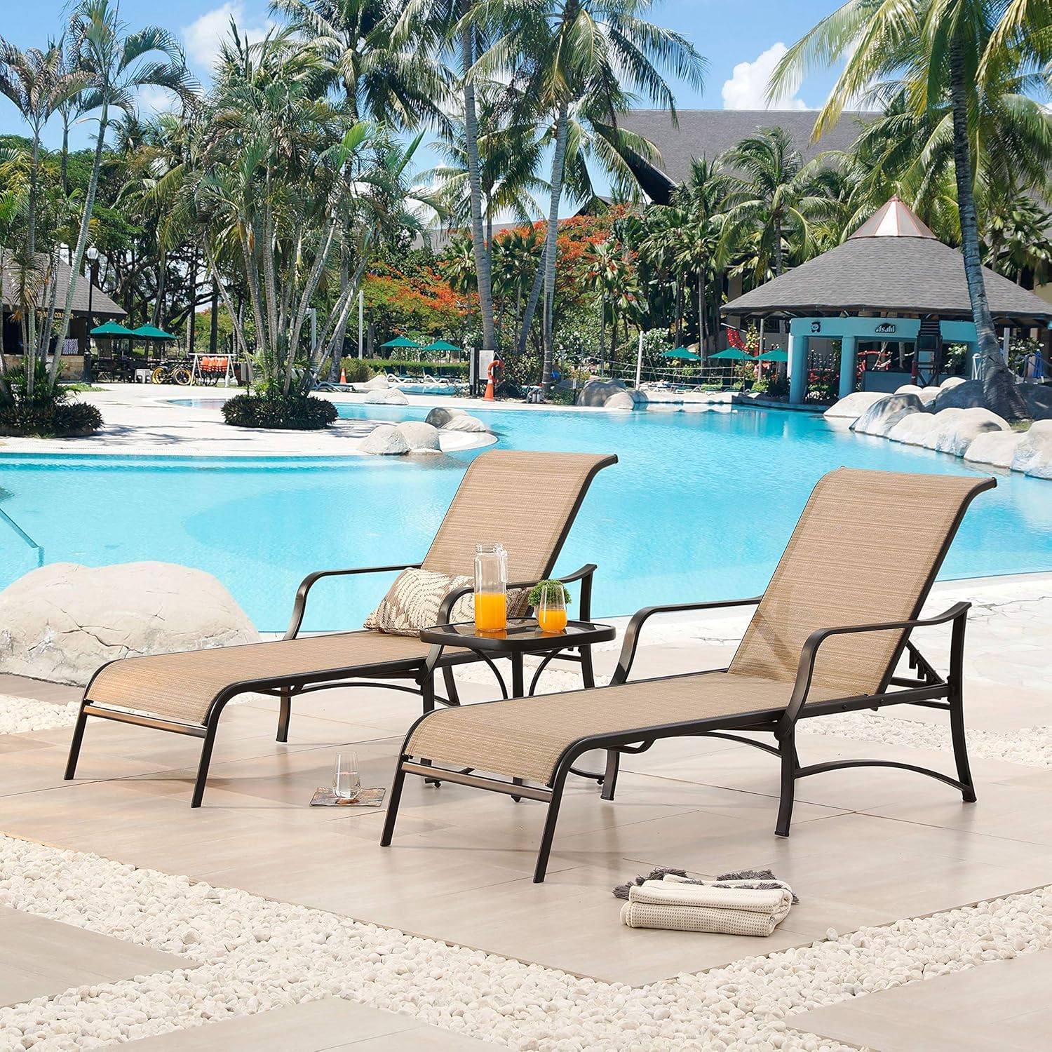 LOKATSE HOME 3-Piece Outdoor Chaise Lounge Set - Adjustable Steel Frame Patio Pool Chairs with Coffee Table - Perfect for Backyard, Garden, and Poolside Relaxation