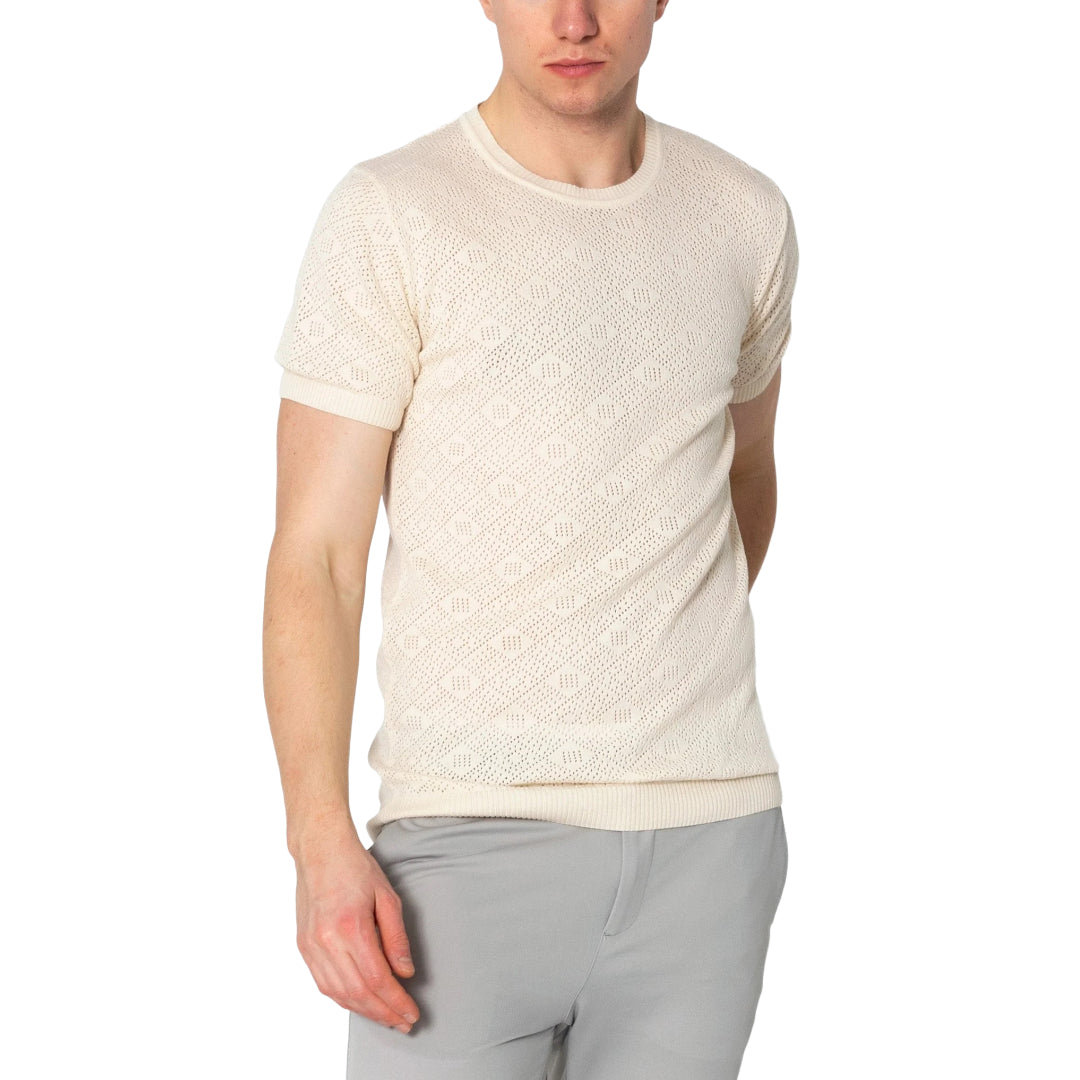 RNT23 Geometric Crochet T-Shirt in Beige - Stylish Boho Top for Women, Perfect for Casual Outings & Summer Fashion