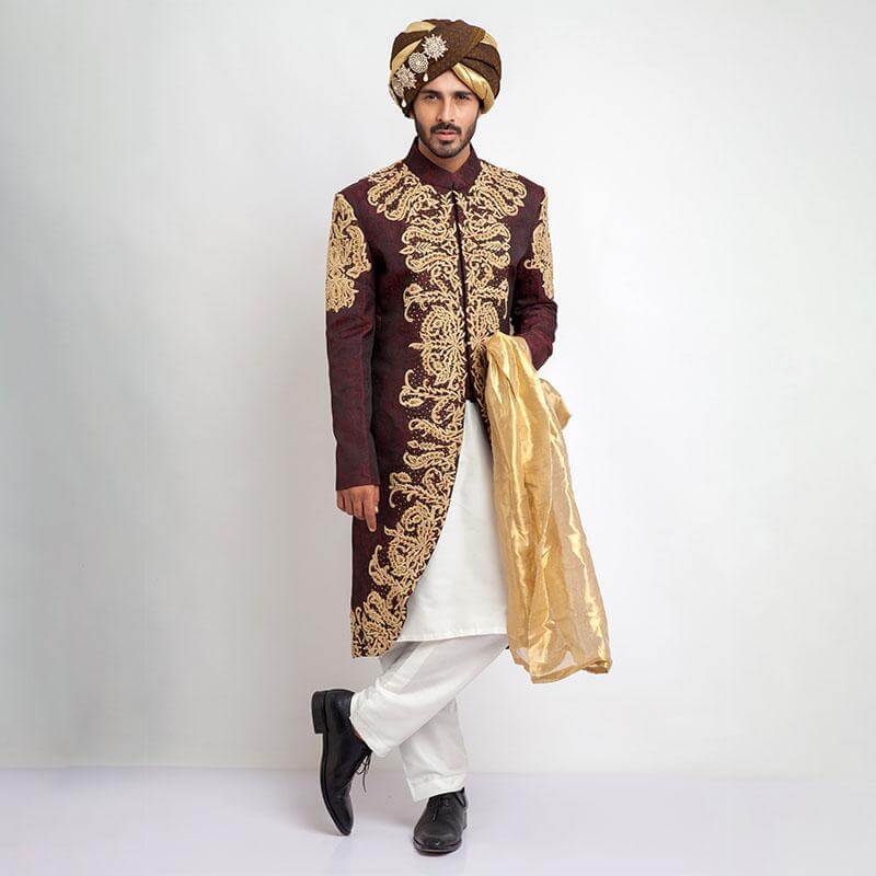 Deep Burgundy Pure Jamavar Silk Sherwani for Men | Luxury Indian Wedding Attire | Perfect for Grooms, Festivals & Special Occasions
