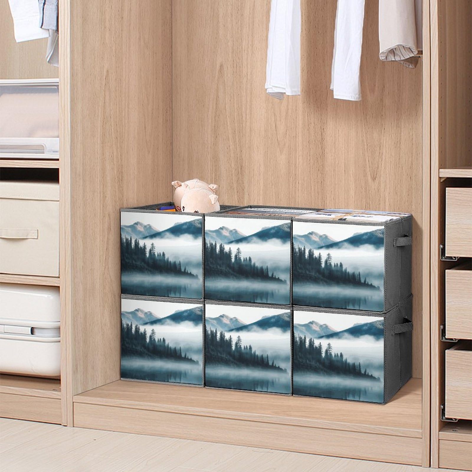 6-Piece Collapsible Storage Bins with Handles - Foggy Mountains Printed Foldable Organizing Baskets for Home, Office & Closet | Space-Saving Storage Boxes for Shelves, Pantry & Laundry Room Organization