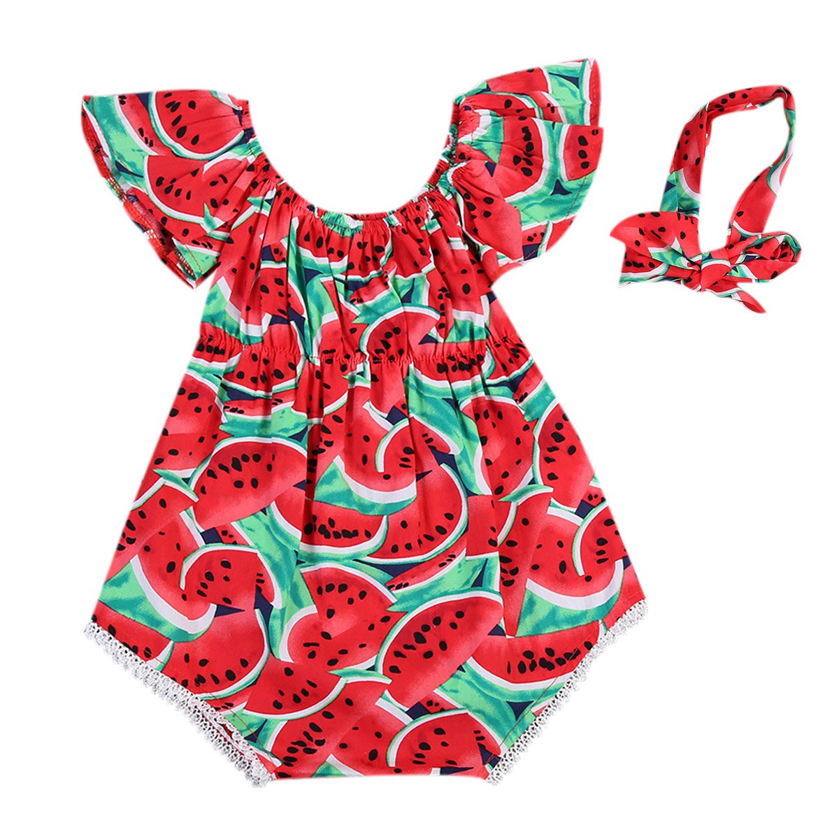 Newborn Baby Girl Romper Set - Off Shoulder Ruffle Sleeveless Watermelon Print Jumpsuit with 2Pcs Bow Headband | Summer Outfit for Photoshoot, Birthday Party & Family Gathering