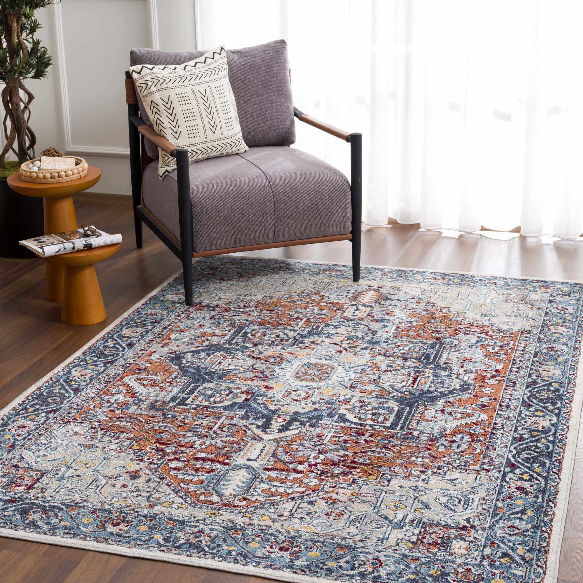 Hauteloom Uson Machine Washable Area Rug for Living Room & Bedroom - Traditional Design in Teal, Blue, Rust - 6'7