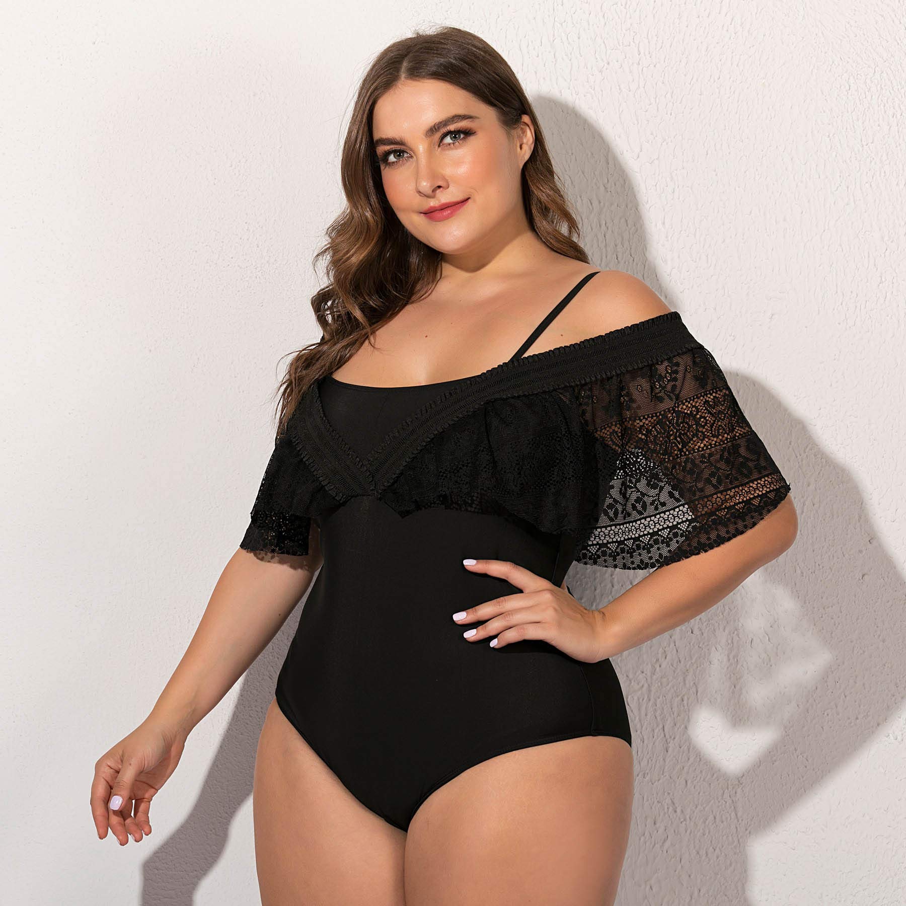 Wellwits Plus Size Women's Convertible Strapless Off Shoulder Lace One Piece Swimsuit - Flattering Swimwear for Beach, Pool & Vacation