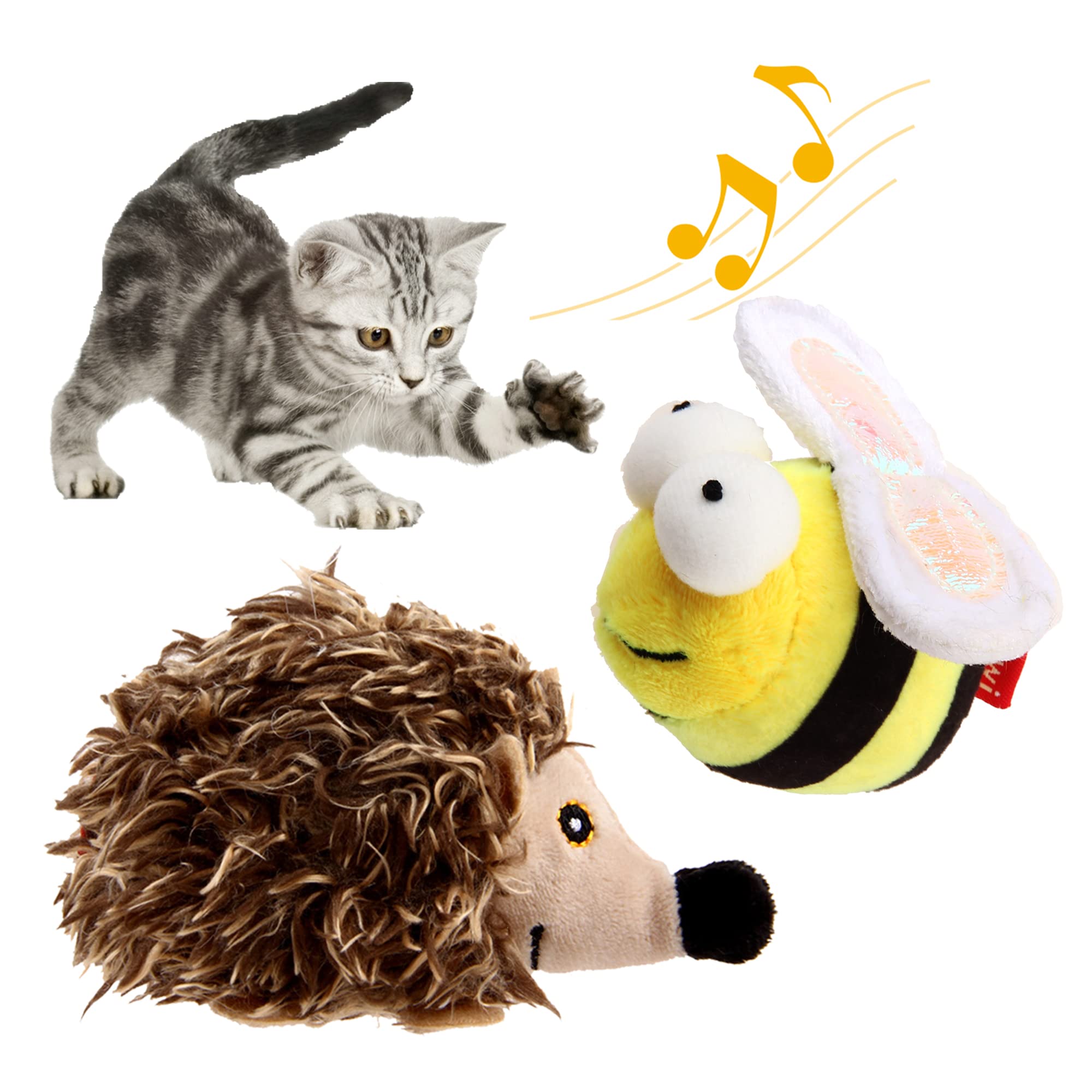 Gigwi Interactive Cat Toys with Animal Sounds - Hedgehog & Bee Squeaking Toys for Kittens, Melody Chaser for Solo Play - 2 Pack - Perfect for Boredom Relief & Indoor Entertainment