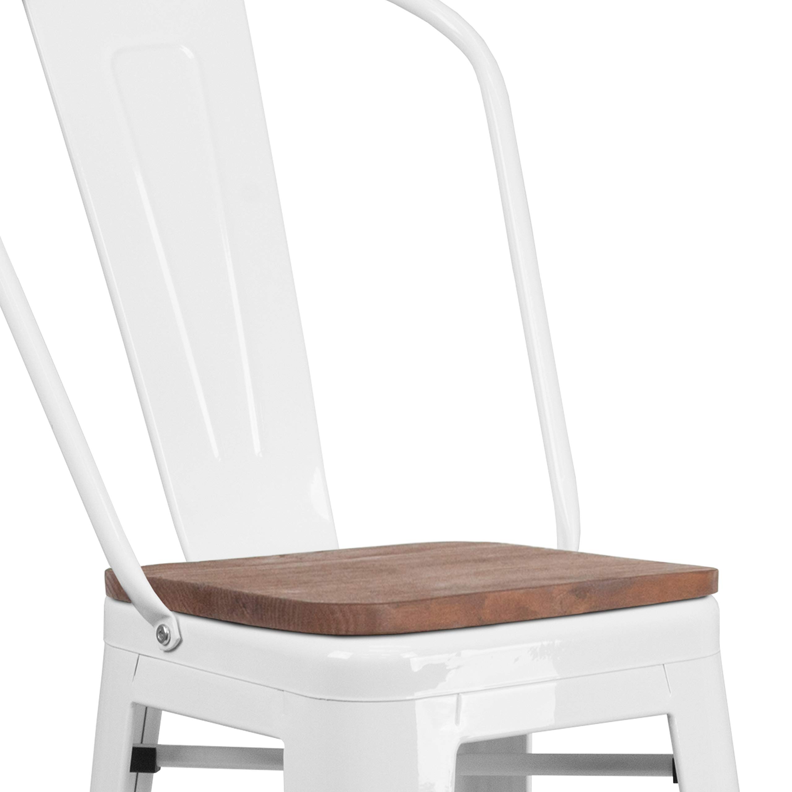 EMMA + OLIVER 30 Inch White Metal Bar Stool with Backrest and Wooden Seat - Perfect for Kitchen Islands, Breakfast Bars, and Home Decor