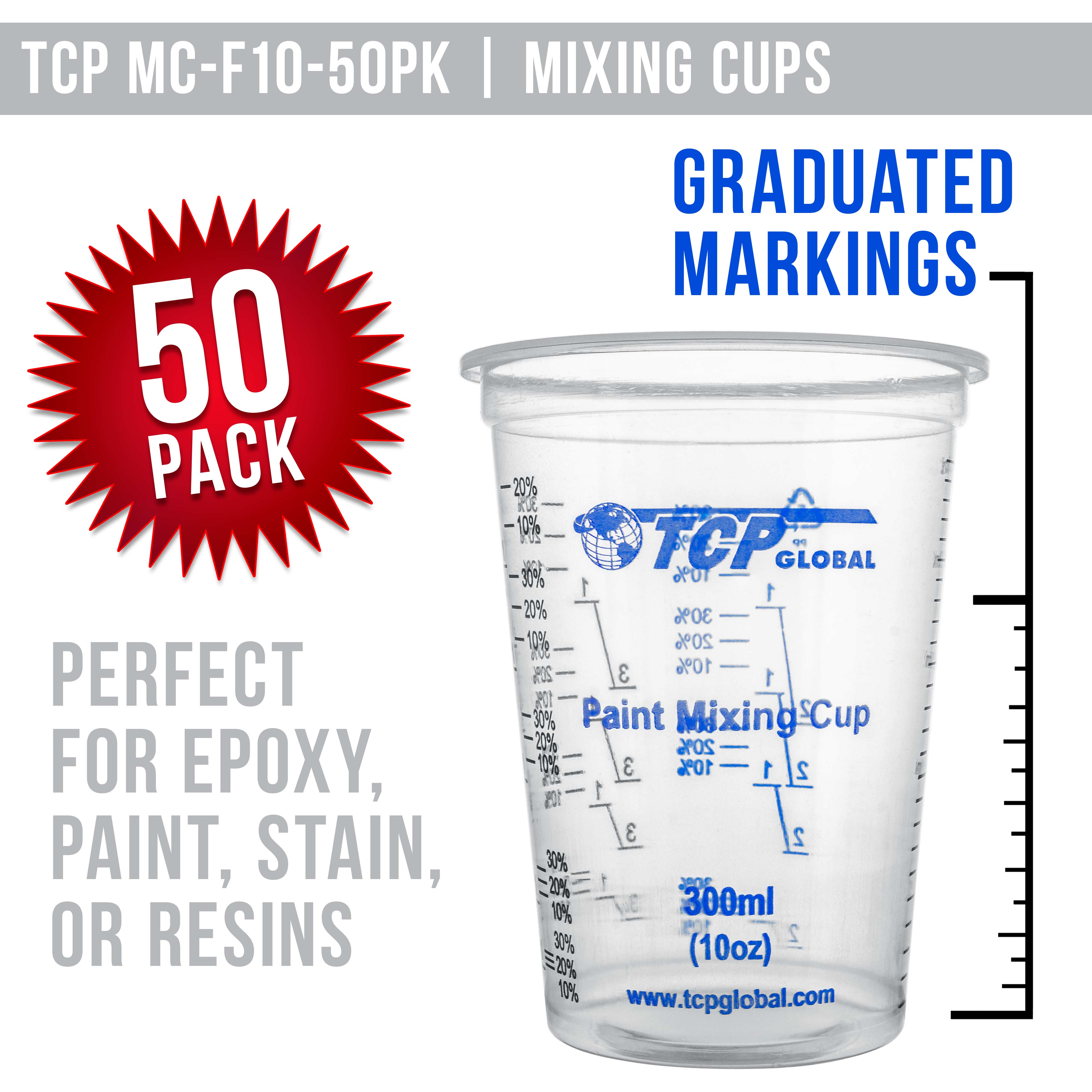 TCP Global 10 oz (300ml) Disposable Plastic Mixing Cups - Pack of 50 Cups & 50 Sticks - Clear Graduated Containers for Paint, Resin, Epoxy - Perfect for DIY Crafts, Art Projects & Home Repairs
