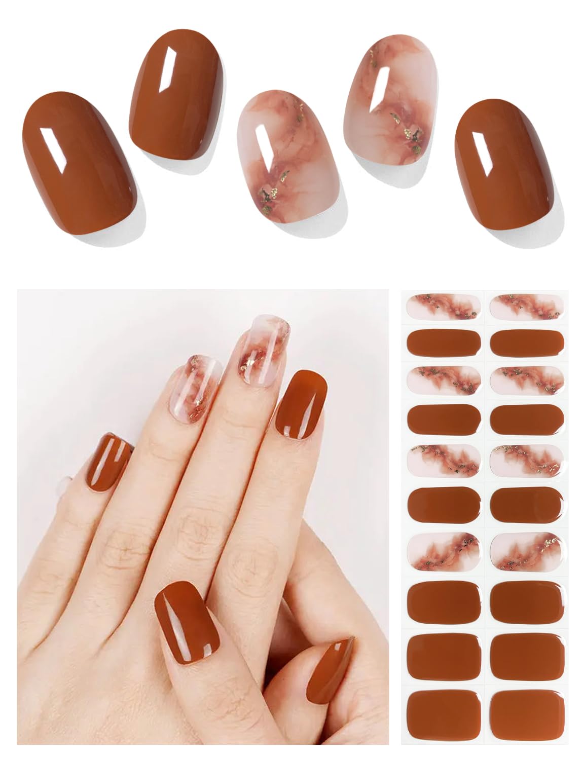 Semi Cured Gel Nail Strips - Brick Red Marble & Brown, 20PCS Salon Quality Gel Nail Wraps with UV Light, Long Lasting DIY Nail Art Stickers for Home Manicure & Professional Salon Use