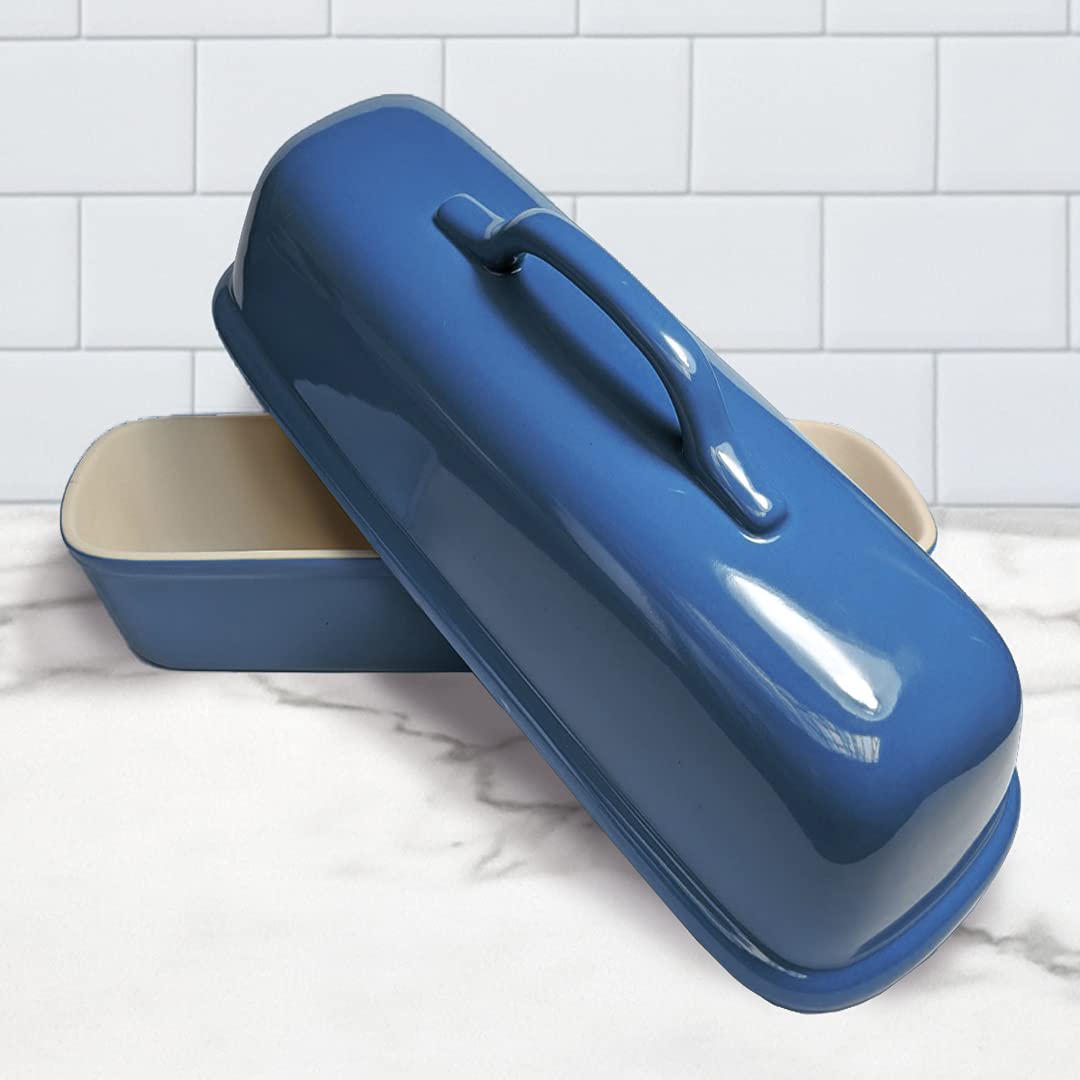 Sassafras Superstone® Covered Baker - Blue Glazed Exterior & Unglazed Interior for Perfect Artisan Italian Bread with Crusty Crust & Light Crumb | Ideal for Homemade Bread Baking, Rustic Loaves & Dutch Oven Style Cooking