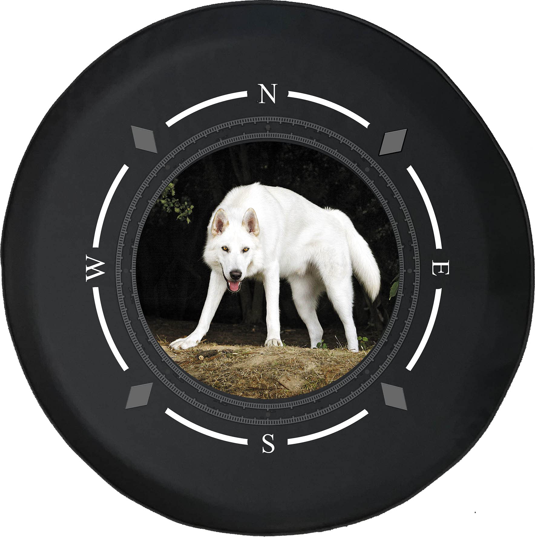 Premium American Unlimited Spare Tire Cover with Compass & White Wolf Design - Universal Fit for SUVs, Trailers, RVs & Most Vehicles | Durable Wheel Protection for Off-Road Adventures & Camping Trips