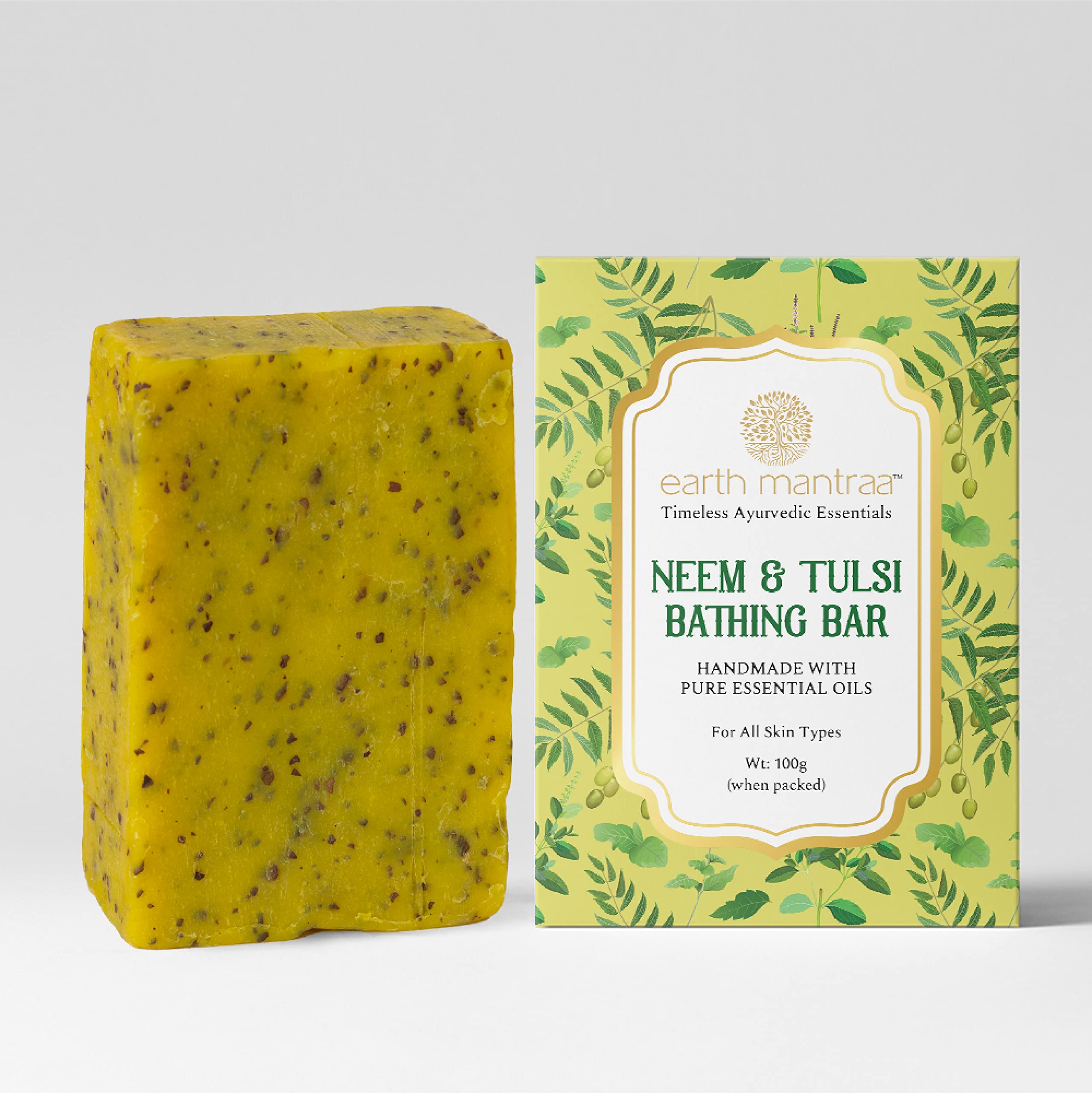 Earth Mantraa Neem Tulsi Soap (100g) - Handmade Ayurvedic Herbal Soap with Pure Neem Oil for Skin Nourishment | Antibacterial, Anti-Acne & Anti-Pimple Treatment | Suitable for All Skin Types | Perfect for Daily Cleansing & Natural Skincare Routine