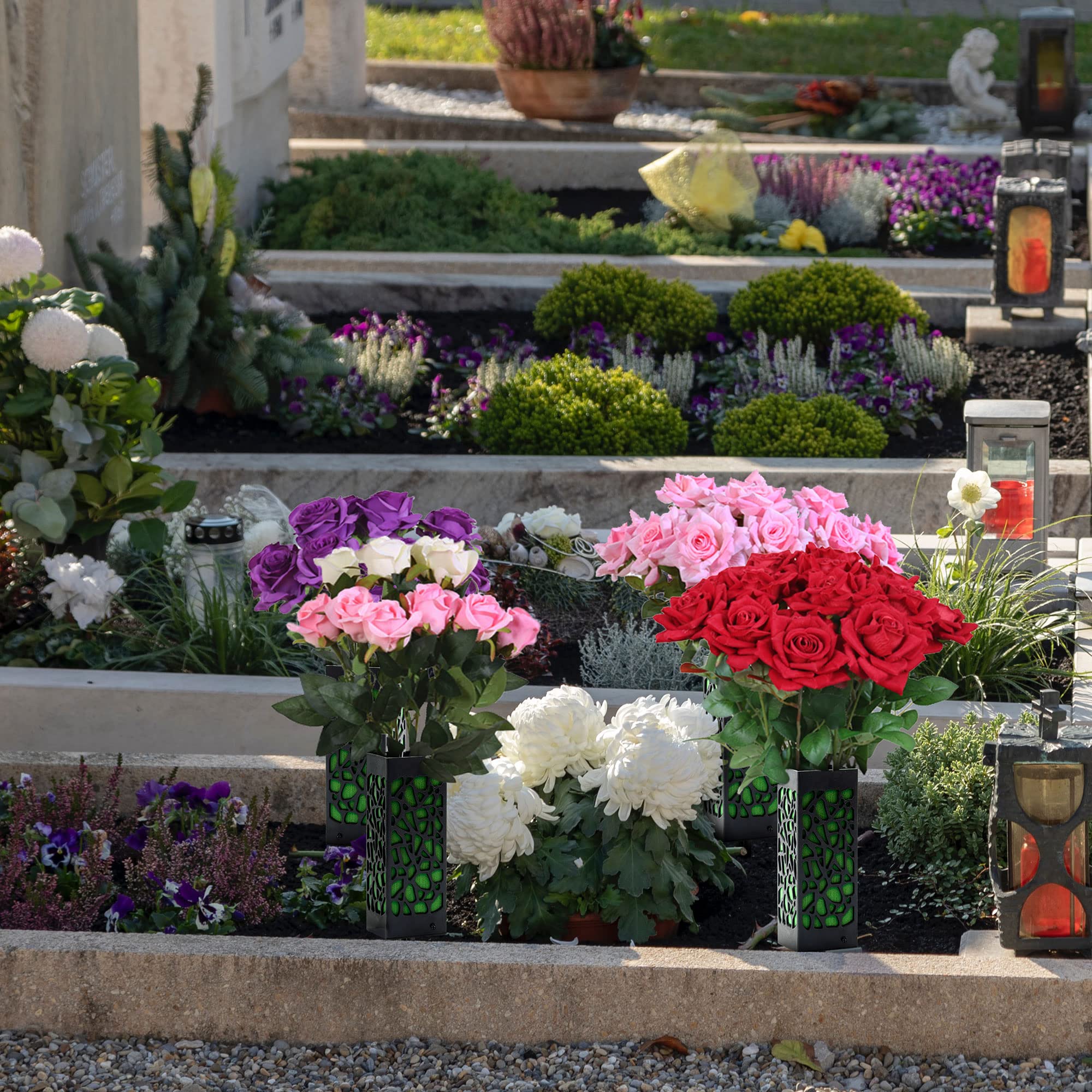 Durable Plastic Cemetery Vases with Foam - 2 Pack In-Ground Flower Holders with Spikes for Graves | Perfect for Memorial Day Decorations & Cemetery Floral Arrangements