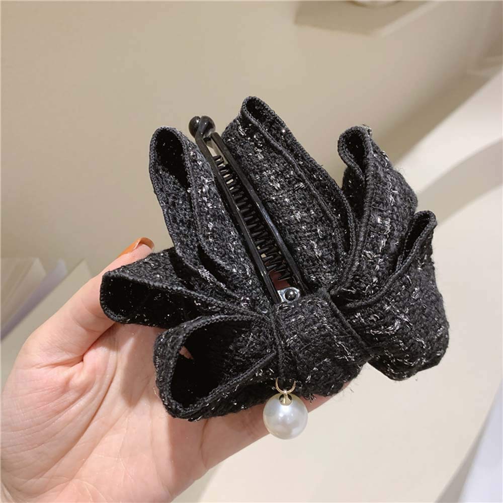 Elegant Korean Women's Banana Clip Hair Bow - Lattice Design Ponytail Holder, Hair Claw & Hairpin Set (Black) | Perfect for Office, Wedding & Daily Styling