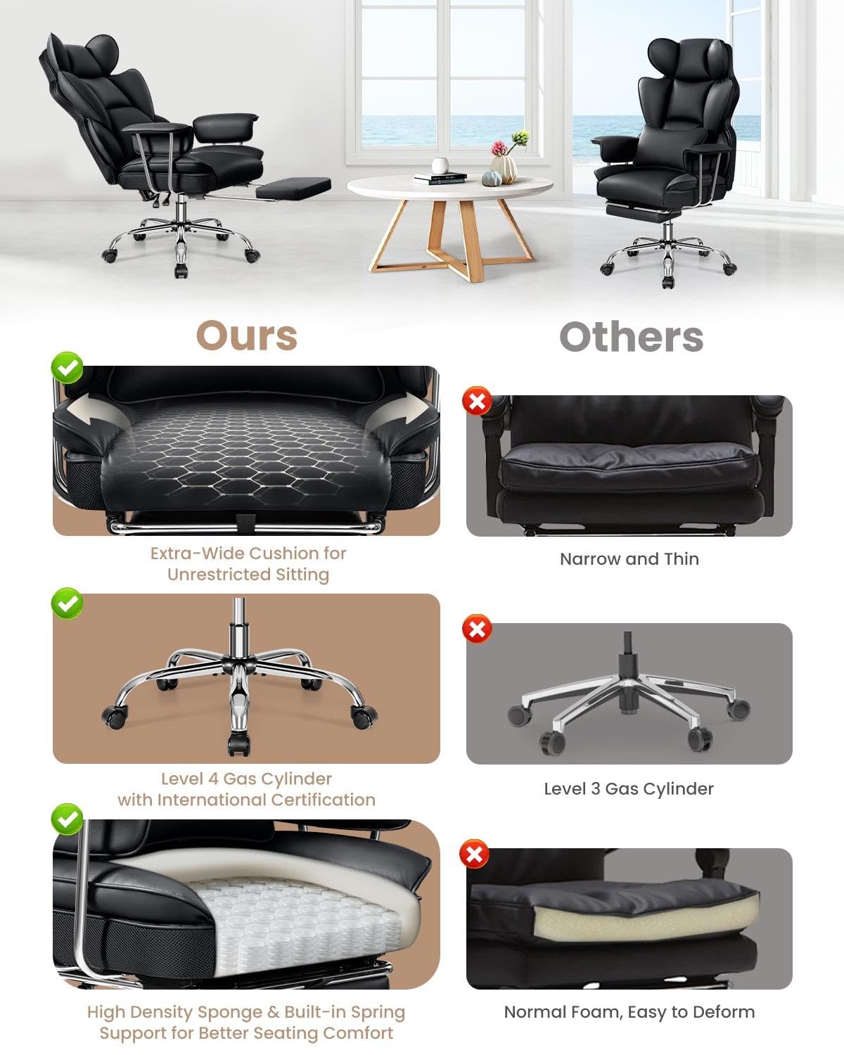 Big and Tall Executive Office Chair with Footrest - Ergonomic Leather Computer Chair, High Back Reclining with Lumbar Support - Large Home Office Desk Chair for Comfortable Working (Black) - Perfect for Home Office, Gaming, and Long Work Sessions
