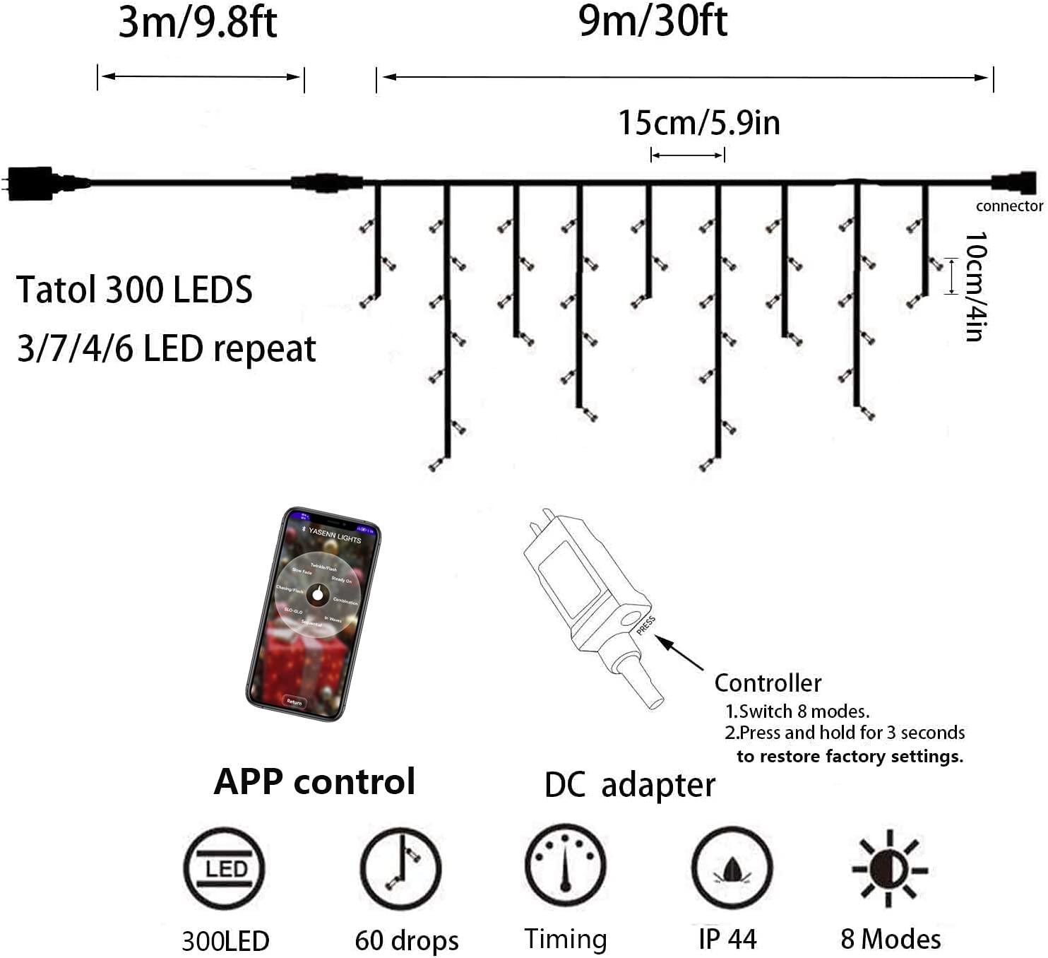 YASENN Bluetooth APP Controlled 300 LED Icicle Christmas String Lights - 30ft Waterproof Fairy Lights with 60 Drops for Indoor & Outdoor Holiday Decor (Warm White) | Perfect for Christmas Tree, House, Yard, and Party Decorations