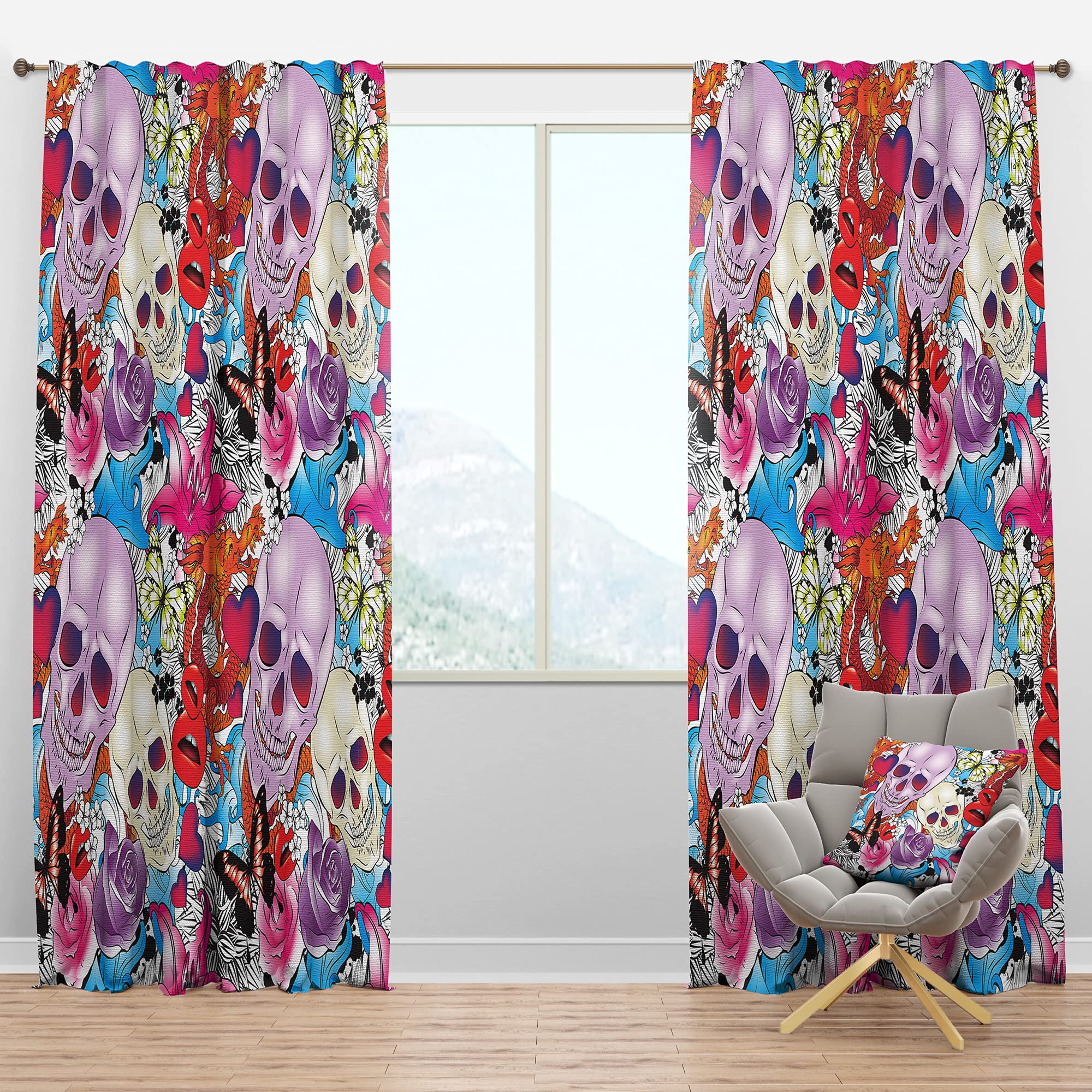 Blackout Curtains with Hearts Skulls & Flowers Design - Thermal Insulated Single Panel Window Drapes 52x90 Inches for Bedroom & Living Room - Perfect for Light Blocking, Privacy & Energy Saving