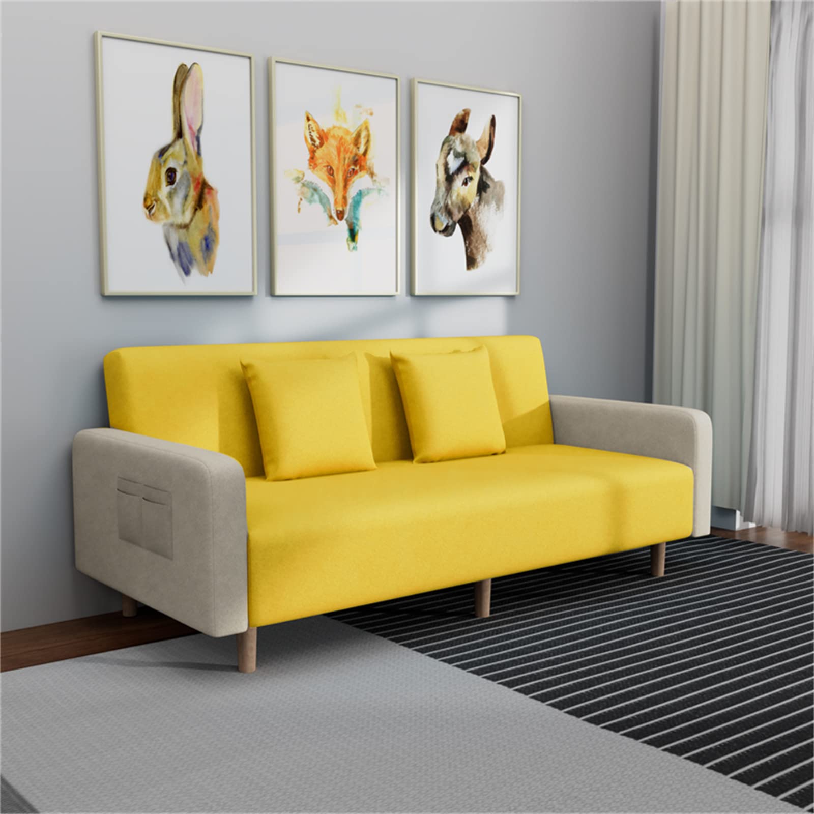 Modern Cotton Fabric Sofa Bed - Adjustable Folding Recliner Sofa for Living Room, 2-Seater Recliner Lounge Couch with Upholstered Design, Perfect for Home Office Furniture (Yellow, 140×61×75cm) - Great for Small Spaces, Guest Rooms & Apartments