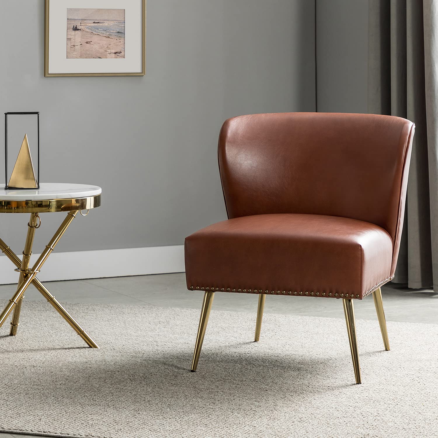 Mid Century Modern Faux Leather Accent Chair with Metal Base - Armless Living Room Chair with Rivet Trim, Upholstered Side Chair for Bedroom & Office - Brown | Perfect for Small Spaces, Reading Nooks & Home Decor
