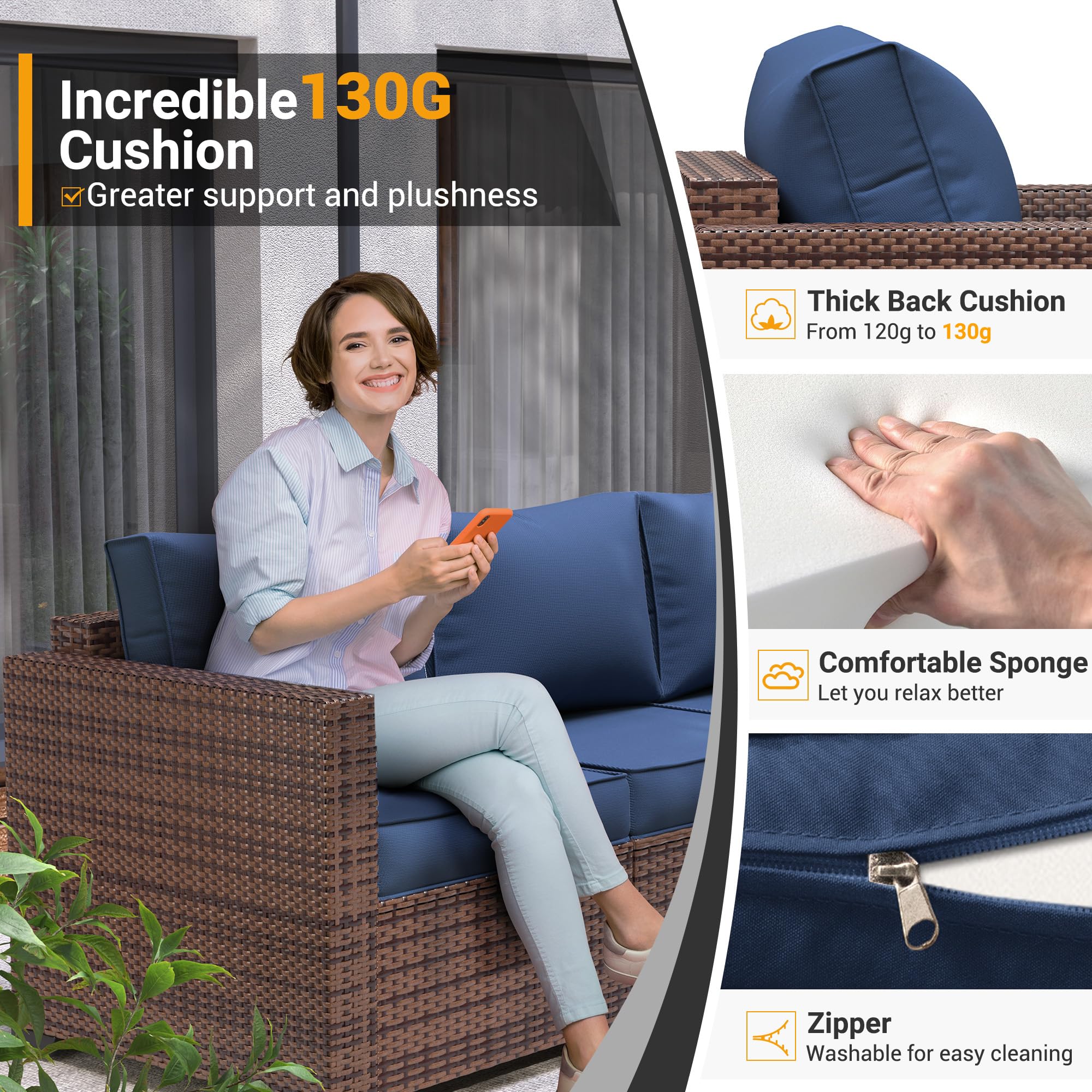 **UDPATIO Outdoor Wicker Love Seat Sofa Set - Navy Blue Rattan Sectional Couch with Steel Frame, Non-Slip Cushions & Deep Seating High Back - Perfect for Patio, Garden, Poolside & Backyard Relaxation**