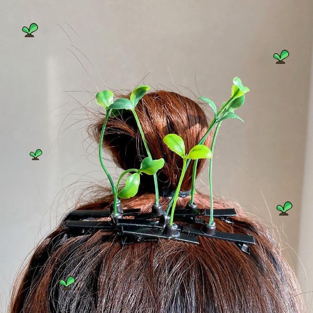 5Pcs Korean Cute Green Grass Hair Clips for Girls - Kids Floral Hairpins for School & Party