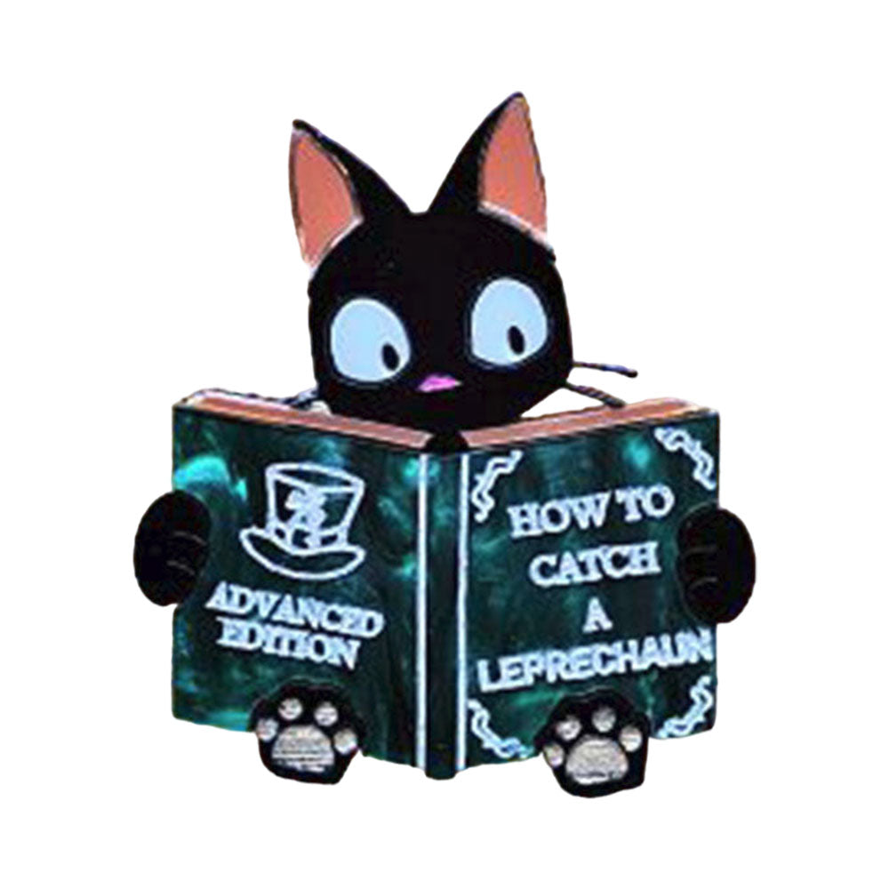 Catch A Leprechaun Book Cat Brooch - Irish-Themed Cat Pin for St. Patrick's Day - Perfect for Book Lovers & Jewelry Collectors by Cherryloco Jewellery