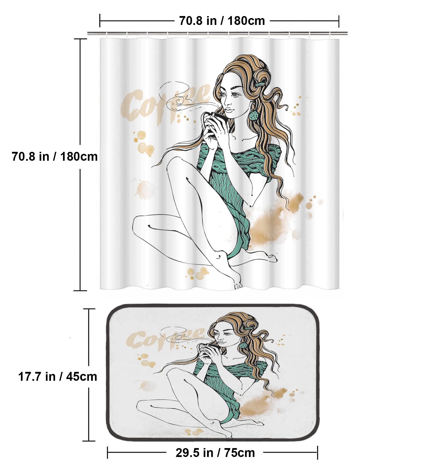 2Pcs Waterproof Bathroom Shower Curtain Set - Stylish Coffee Cup Design with Matching Bath Mat & 12 Hooks, 72x72 Inch for Home Decor - Perfect for Modern Bathrooms, Apartments, and Spa-Style Showers