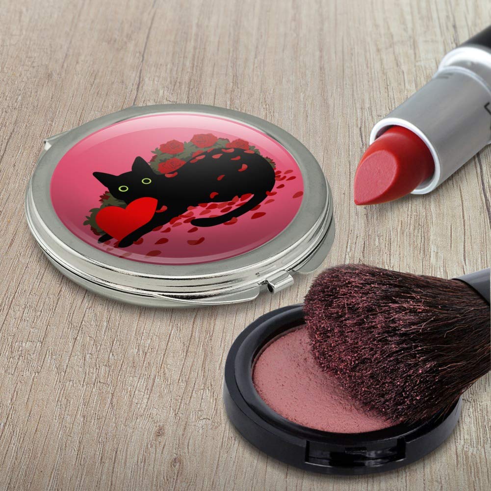 Black Cat Valentine's Day Compact Mirror with Rose Petals - Heart-Shaped Travel Makeup Mirror for Purse, Handbag - Perfect for Romantic Dates, Weddings & Gift Giving