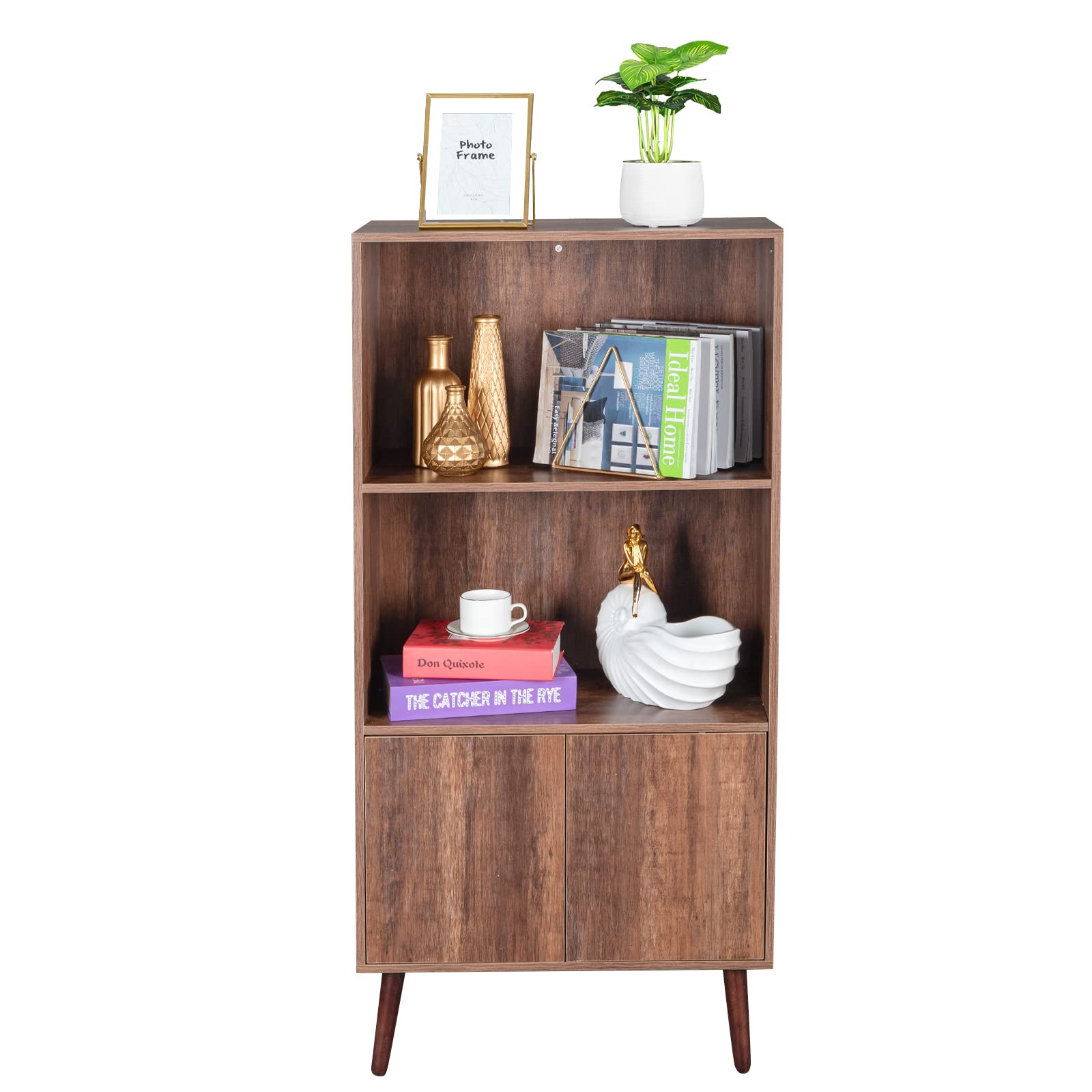 2-Tier Walnut Bookcase with Doors - Storage Cabinet for Books, Photos & Decor - Perfect for Living Room, Office or Library - Stylish & Functional Home Organization Solution