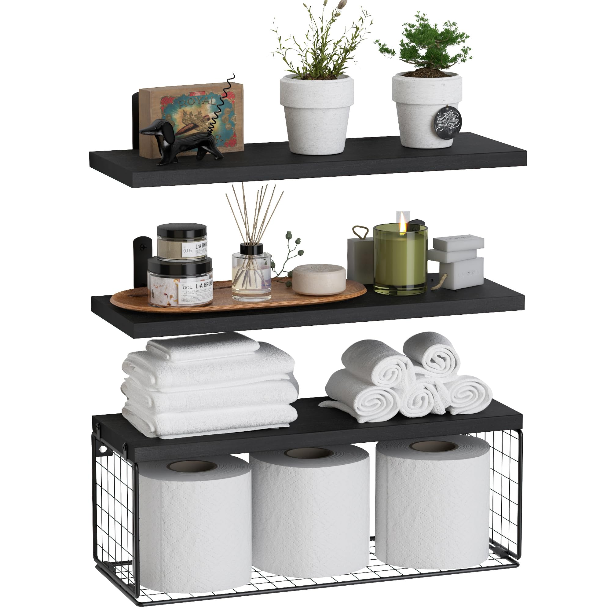 WOPITUES Over Toilet Floating Bathroom Shelf - Wall Mounted Storage Organizer with Wire Basket, Space Saving Bathroom Decor for Small Spaces (Black) - Perfect for Towel Storage, Toilet Paper Holder & Bathroom Organization
