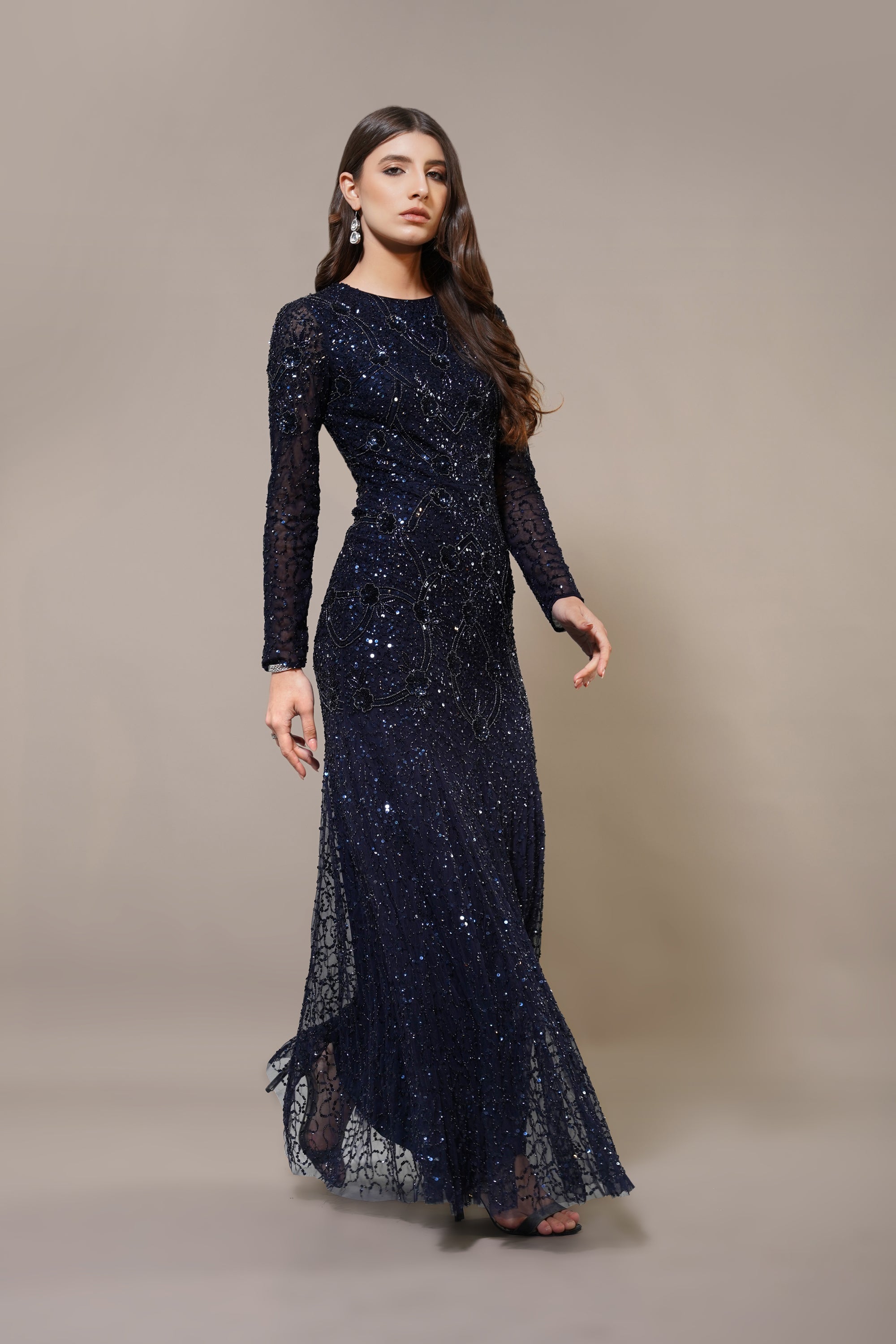 Zinnia Embellished Maxi Dress for Women - Navy Blue Floral Long Dress with Beaded Details | Perfect for Weddings, Parties & Summer Vacations