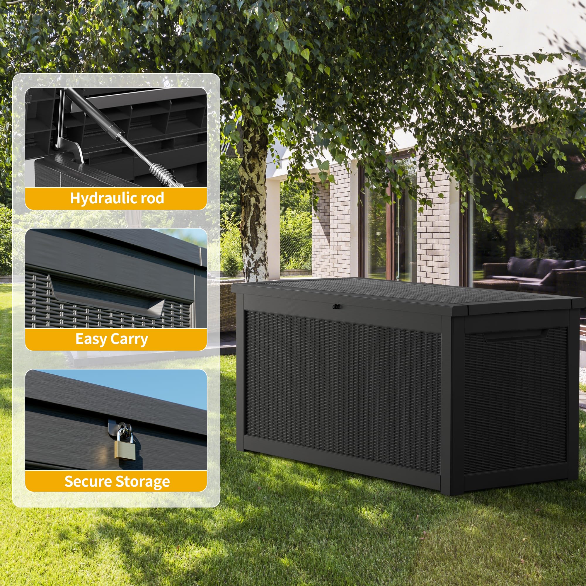 260 Gallon Lockable Resin Deck Box - Waterproof & UV-Resistant Outdoor Storage Container for Patio Cushions, Pool Toys, and Garden Tools | Durable Black Deck Box for Backyard, Poolside & Porch Organization