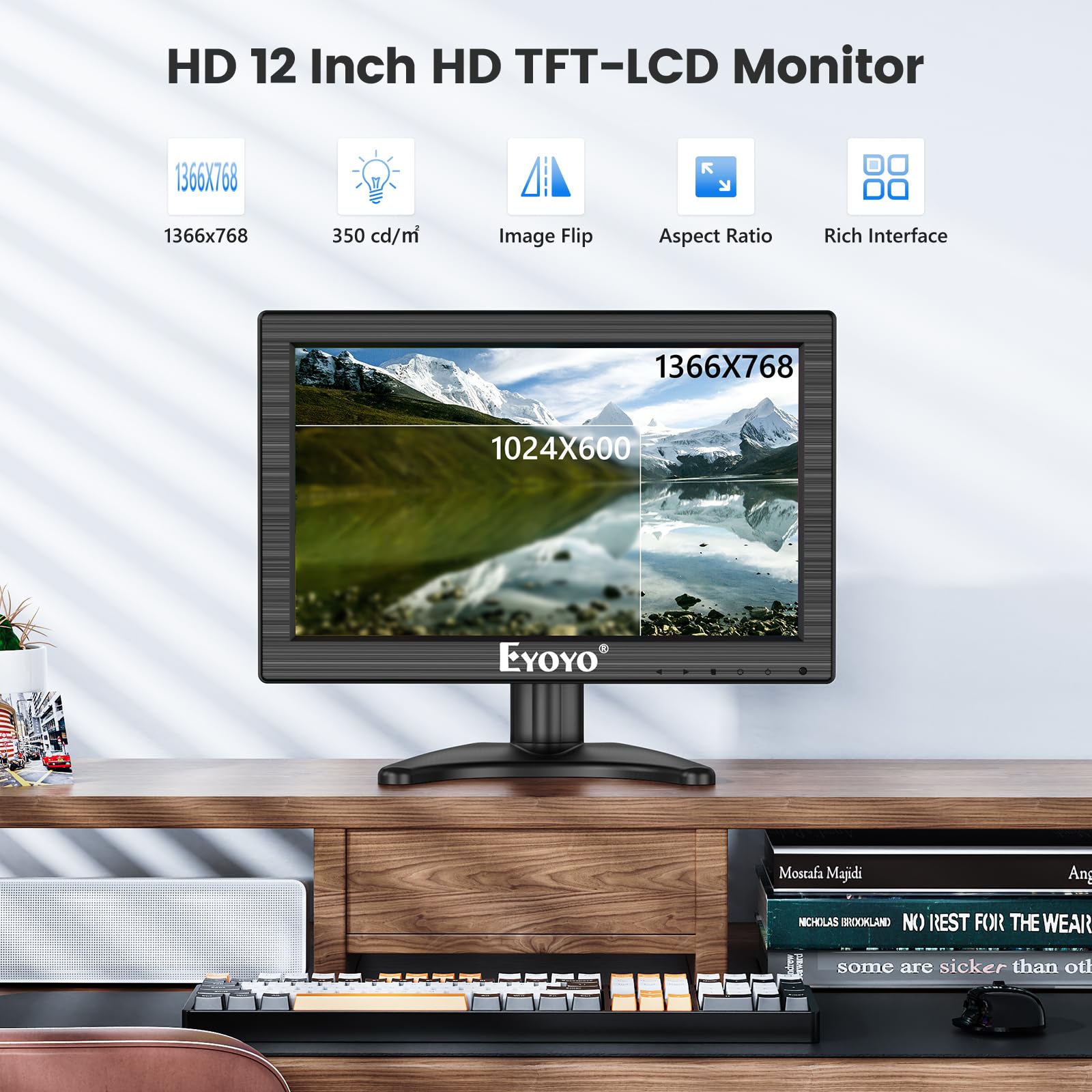 Eyoyo 12 Inch Small TV Monitor - 1366x768 HD Display with HDMI, VGA, BNC & AV Ports | 16:9 Mini Screen for PC, Laptop, Raspberry Pi, CCTV Security Camera | Perfect for Home Office, Gaming & Surveillance Systems