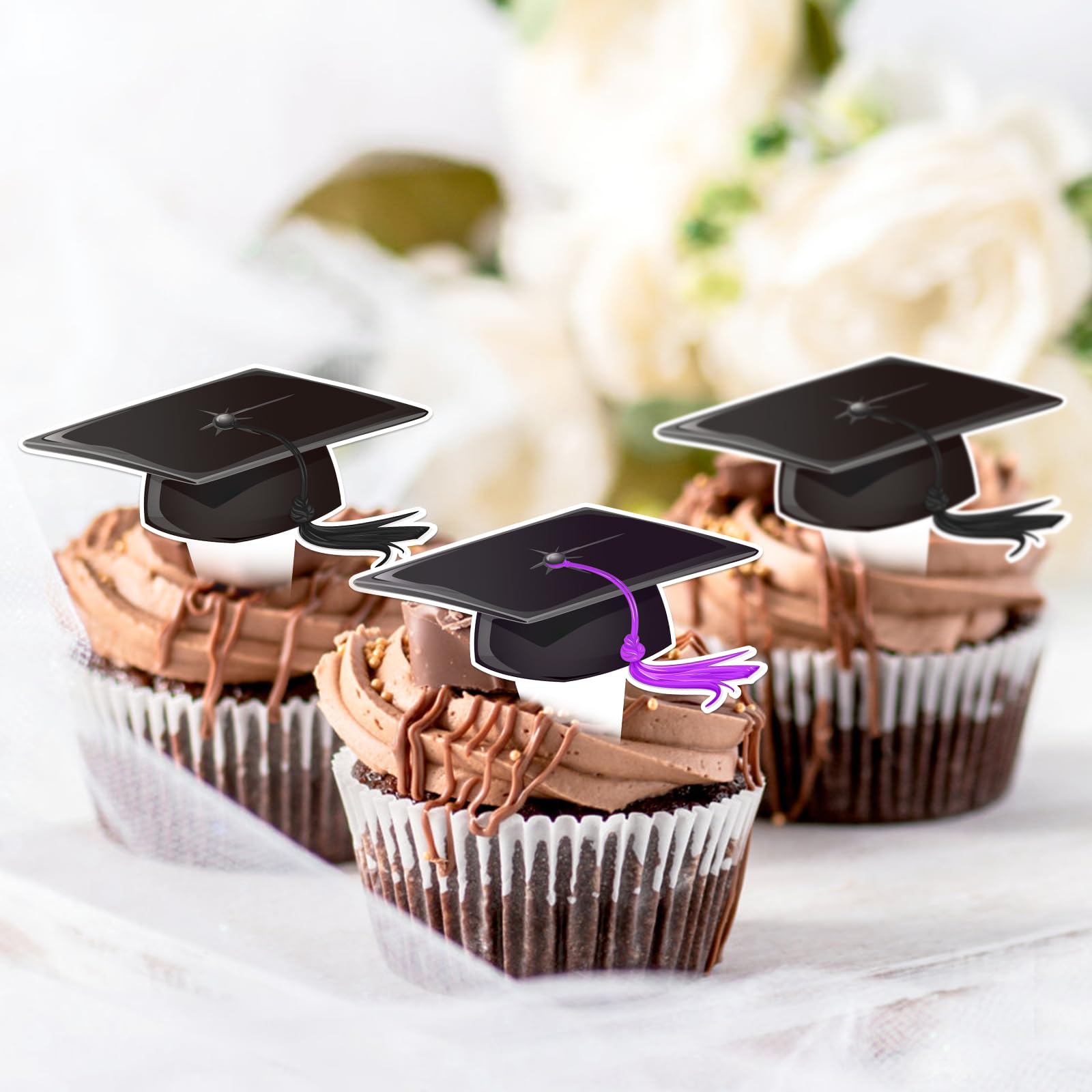 48Pcs Graduation Cap Cupcake Toppers - Black & Purple Tassel Decorations for Class of 2024 Graduation Cakes - Perfect for Graduation Parties, School Celebrations & Dessert Table Decor