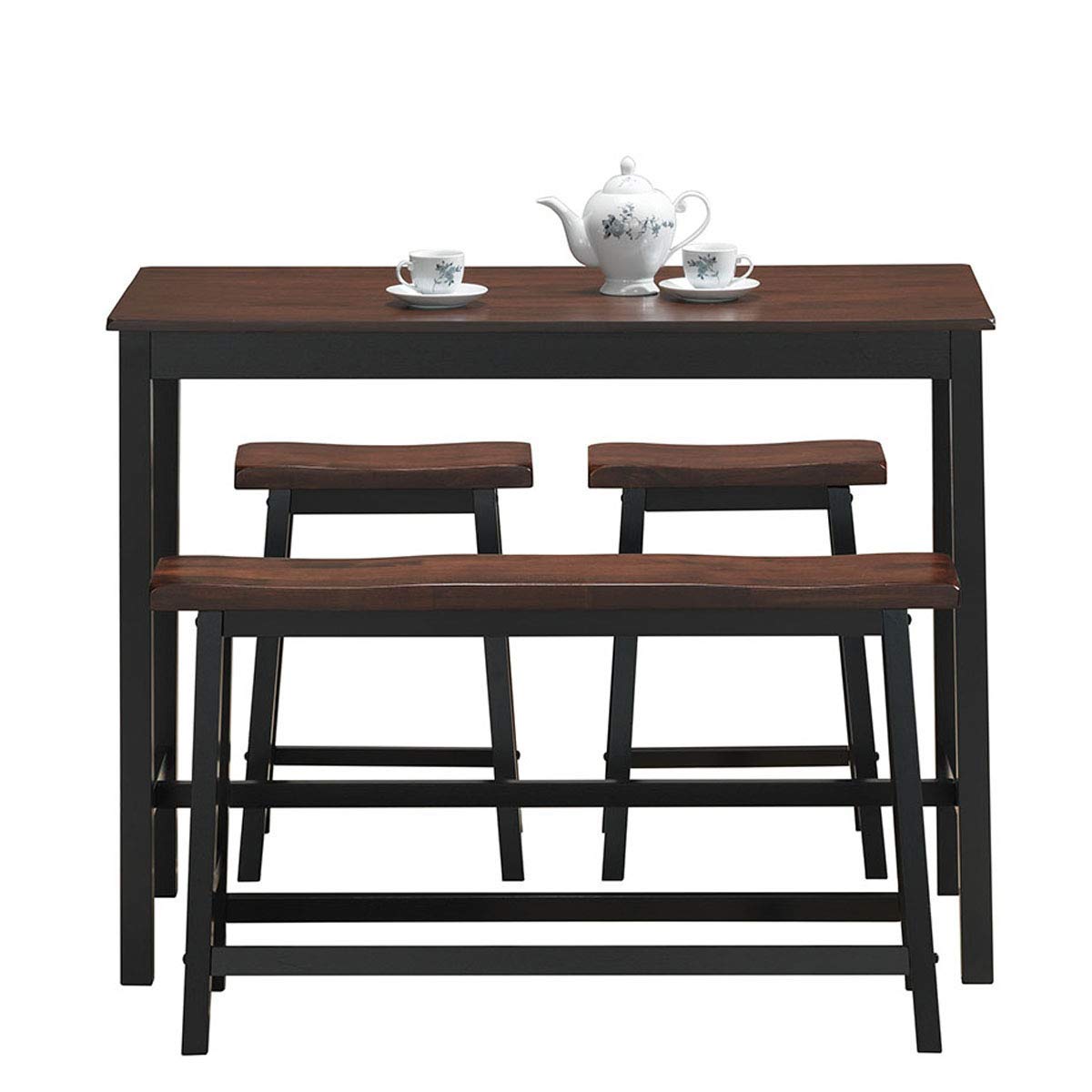 COSTWAY 4-Piece Solid Wood Counter Height Dining Table Set with Bench & 2 Saddle Stools - Industrial Style Kitchen & Living Room Furniture in Black & Brown | Perfect for Small Spaces, Breakfast Nooks & Modern Farmhouse Decor