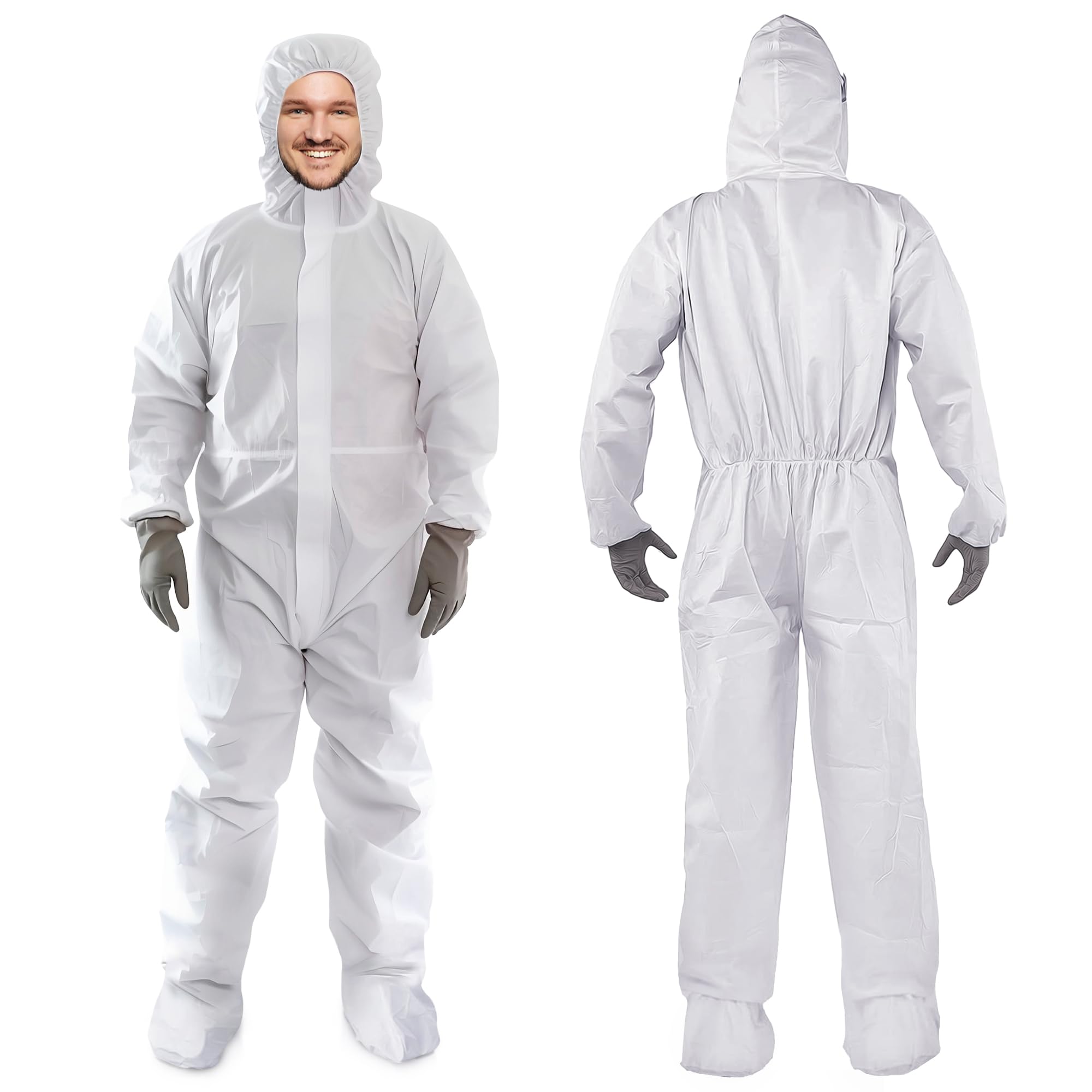AMZ Medical Supply White Disposable Coveralls with Hood & Boots - X-Large (Pack of 5) - Microporous Lab Coveralls for Men & Women - 60 GSM Painters Suit with Elastic Wrist, Lower Back & Zipper - Ideal for Medical, Construction, Painting & Hazardous Work Environments