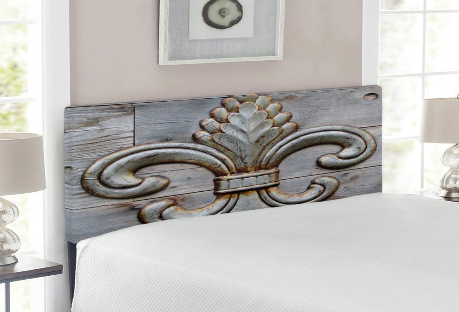 Ambesonne Fleur De Lis Upholstered Headboard - Vintage Lily on Weathered Wood Planks Design, Full Size Grey Brown Metal Bed Frame with Memory Foam Padding | Perfect for Master Bedroom, Guest Room & Historical Theme Decor