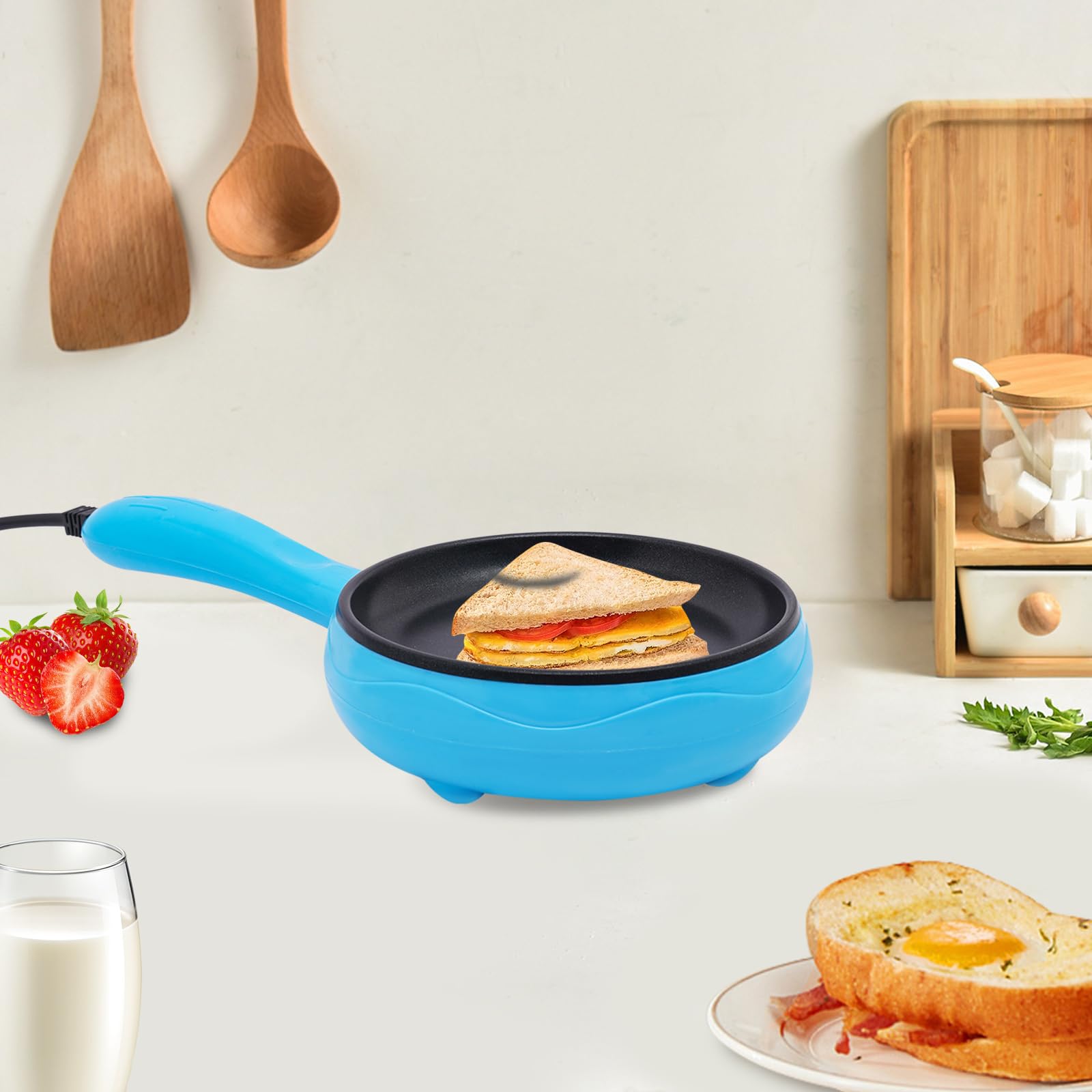 6-Inch Non-Stick Electric Skillet - Rapid Heating Mini Griddle for Pancakes, Eggs & Snacks | Portable Breakfast & Lunch Solution for Dorms, Offices & Travel | Blue/Yellow/Pink (Blue)