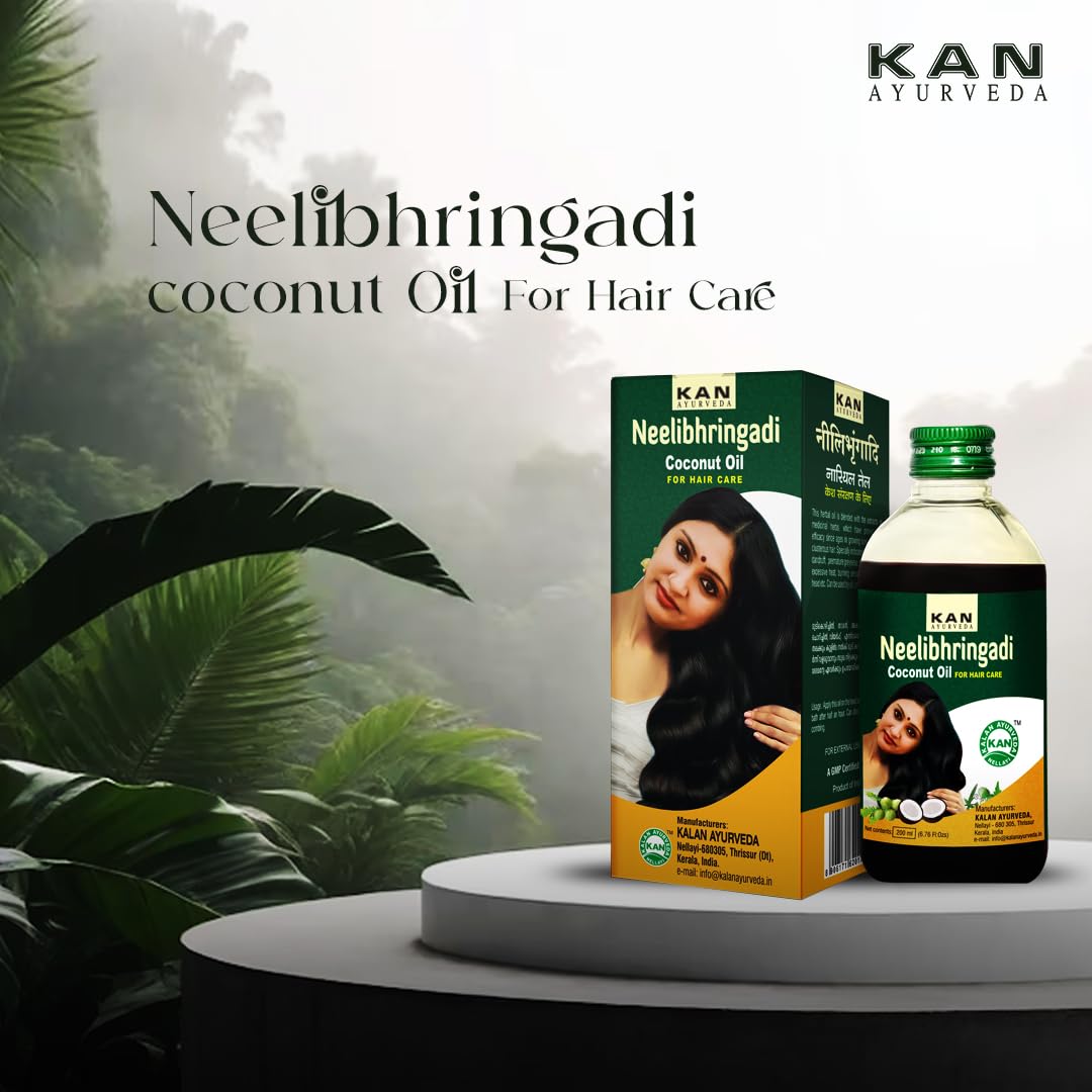 KAN AYURVEDA Neelibhringadi Coconut Hair Oil 200ml - Ayurvedic Hair Growth Treatment with Natural Ingredients from Kerala | Promotes Thicker, Longer & Healthier Hair | Perfect for Daily Hair Care, Scalp Massage & Ayurvedic Hair Therapy