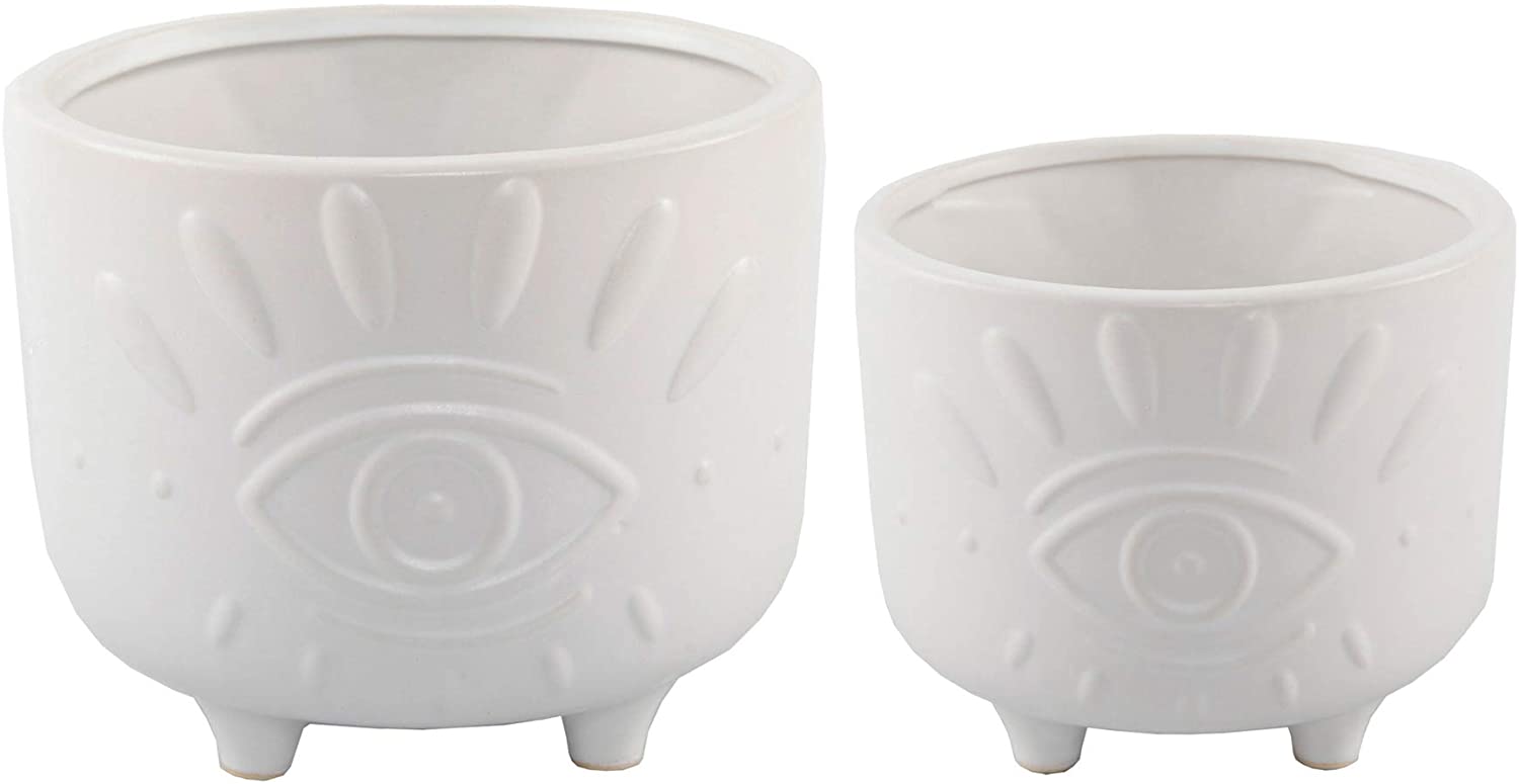 Flora Bunda 6IN & 4.75IN Evil Eye Ceramic Plant Pots with Stand, Set of 2, Matte White - Perfect for Home Decor, Office Plants & Succulent Arrangements