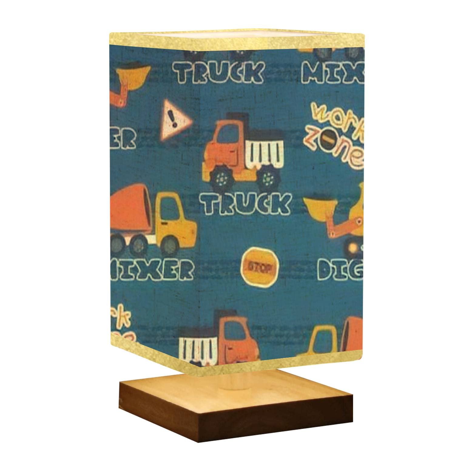 Dimmable Square Bedside Table Lamp with Wooden Construction Vehicles Cartoon Base & Flaxen Fabric Shade - Nightstand Lamp for Bedroom, Living Room, Kids Room & Nursery - Perfect for Reading, Relaxing & Decor