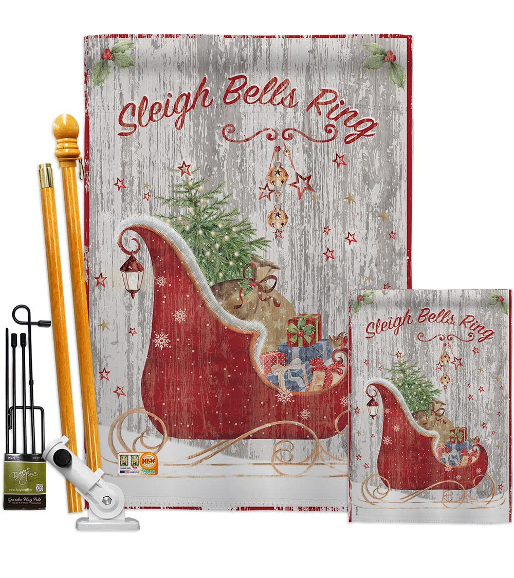 Breeze Decor Christmas Sleigh Bells Flag Set w/Pole - Holiday Yard Decor