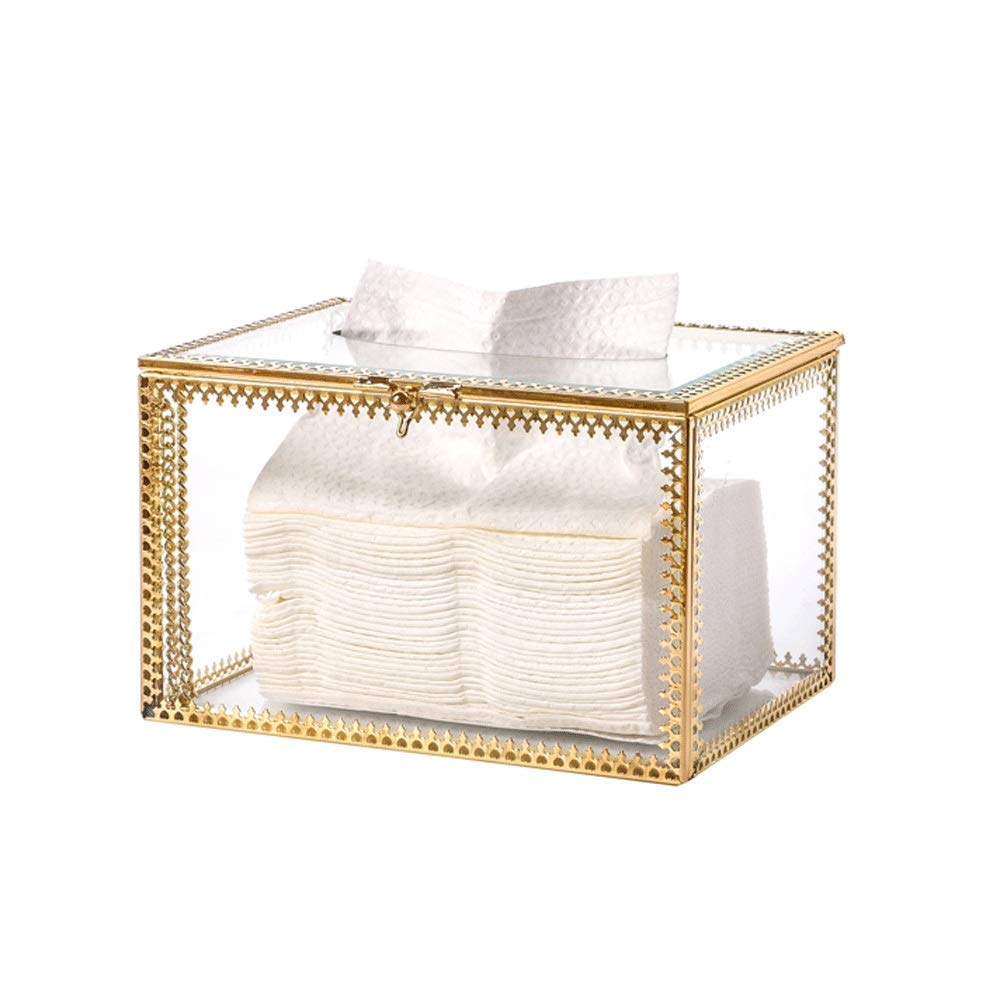 CAIMEI Tempered Glass Tissue Box Cover - Metal Hollow Lace Decor Rectangular Tissue Holder for Bathroom & Bedroom | Facial Napkin Organizer with Elegant Design | Perfect for Home, Office, and Hotel Decor