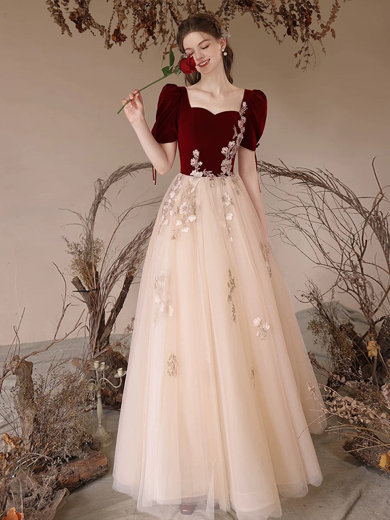 Elegant A-Line Velvet Tulle Lace Champagne Long Prom Dress - Formal Evening Gown for Homecoming, Ball, Wedding & Special Occasions