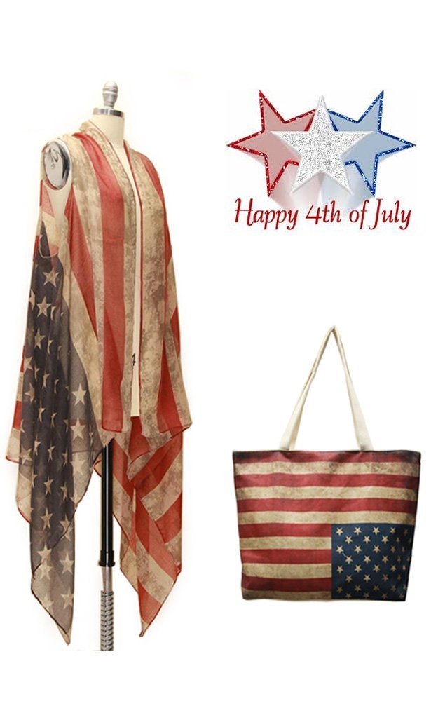 CCFW Women's USA Flag Themed Vintage Kimono Cover Up Shawl Vest - Lightweight Beachwear for Summer, Patriotic Festival Outfit, 4th of July Party, Poolside Coverup & Boho Fashion Accessory