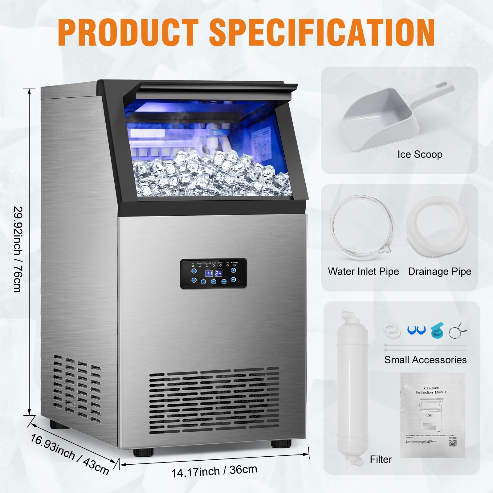 Commercial Ice Maker Machine 120Lbs/24H with 30Lbs Storage Bin - 40 Ice Cubes in 6 Minutes - 2-Way Water Supply Under Counter Freestanding Ice Machine for Home Bar, Office, Restaurant, and Commercial Use - Perfect for Cocktails, Beverages, and Large Gatherings