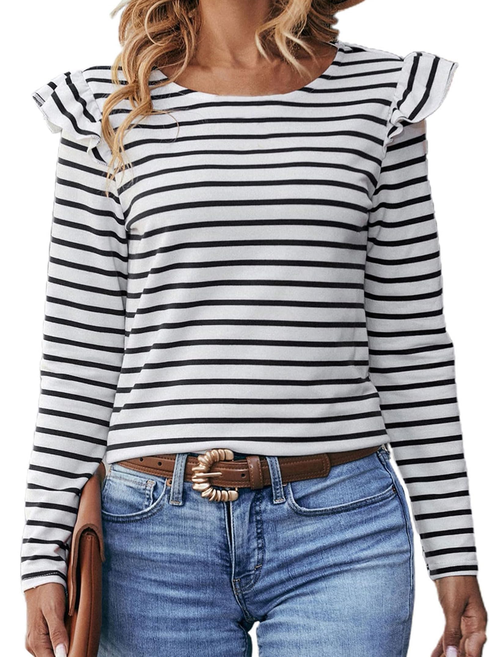 LilyCoco Women's Ruffle Long Sleeve Button Back Striped Shirt - Casual Fall T-Shirt for Work, Date Night & Everyday Wear | Comfortable & Stylish Blouse for Women