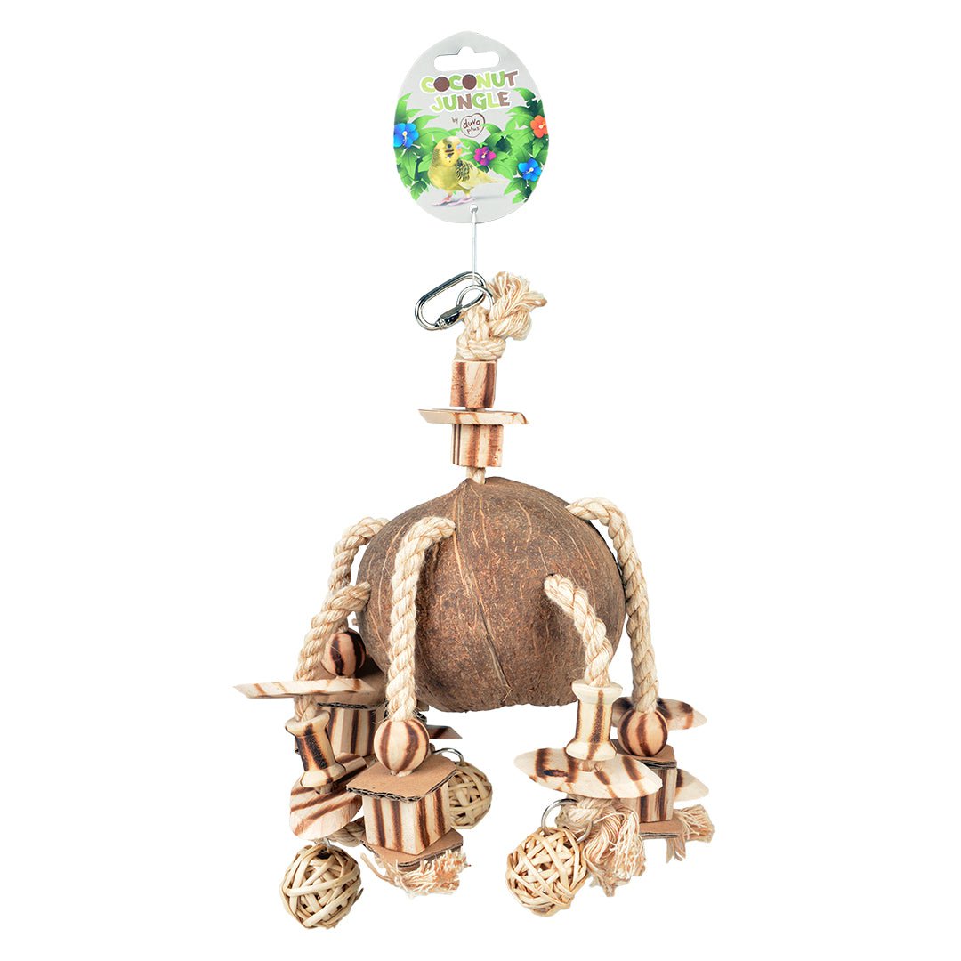 DUVO PLUS Coconut Fiber Bird Perch with Wooden Blocks & Willow Balls - 35x20x15cm Natural Brown - Perfect for Parrot Cages, Aviaries & Small Pet Play Areas