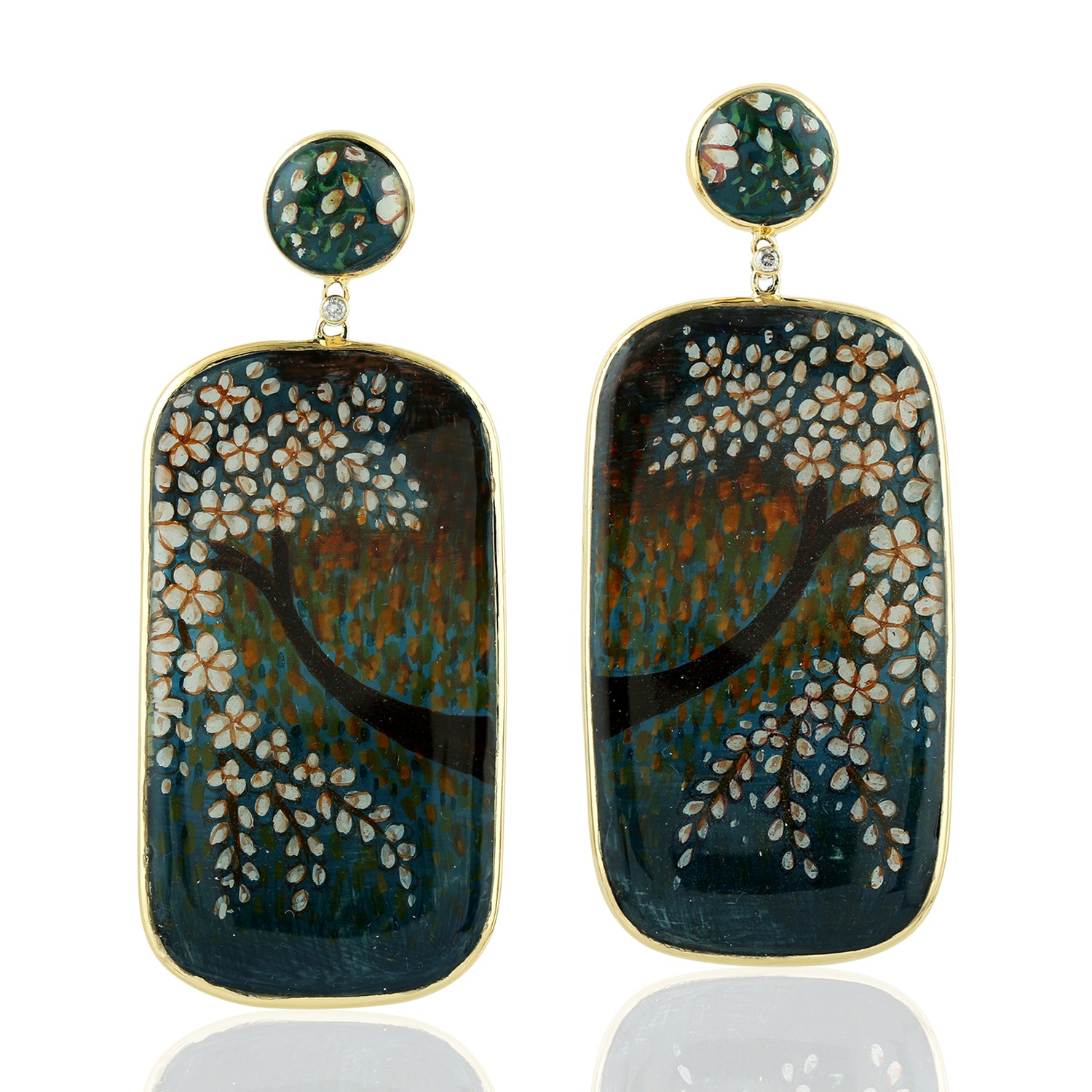 18K Yellow Gold Cushion Cut Mother of Pearl Prong Set Diamond Enamel Dangle Earrings – Elegant for Weddings, Parties & Special Occasions