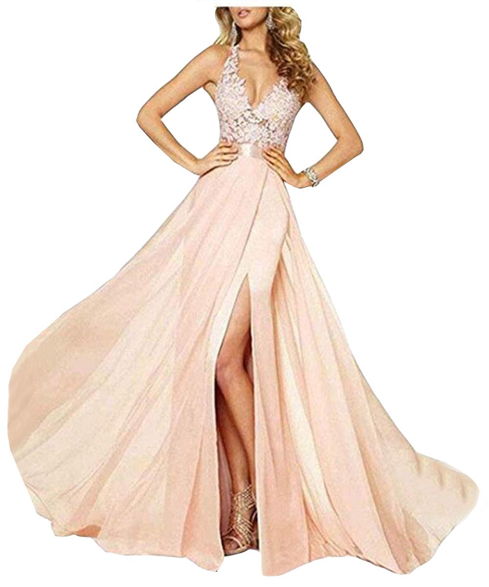 Emanni Women's Elegant Spaghetti Strap V-Neck Backless Long Prom Dress with Side Slit - Perfect for Evening Gala, Homecoming, Cocktail Party & Formal Occasions