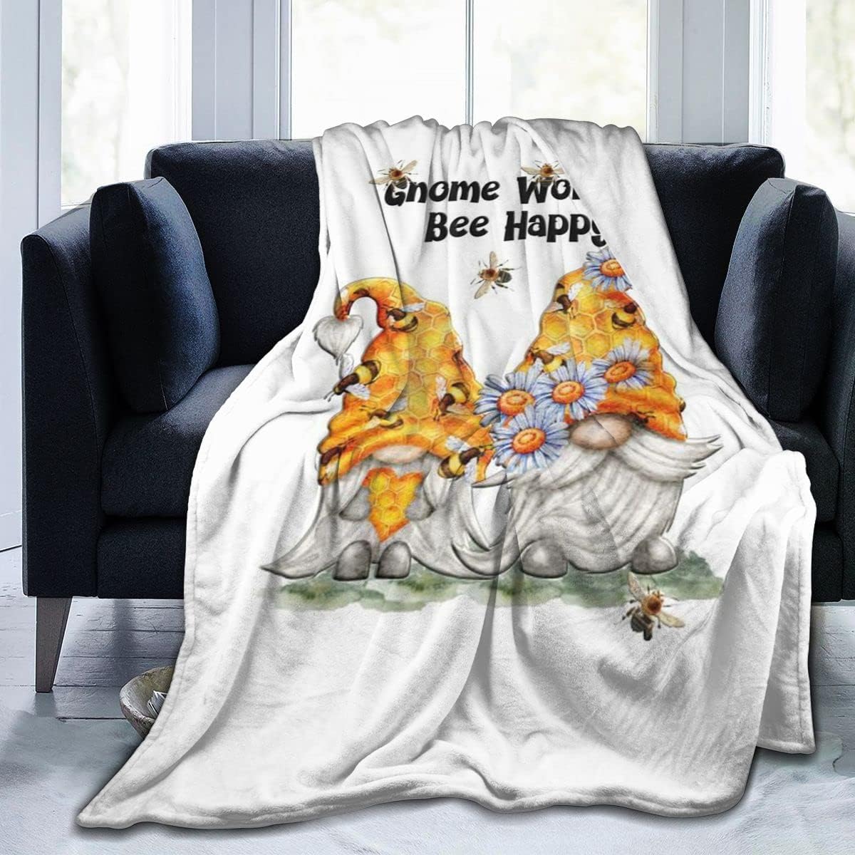 60''x50'' Birthday Gnome Blanket - Soft & Cozy Gnome Throw for Women, Adults, Mom, Family & Friends | Christmas, Valentine's Day & Spring Gift | Bee Happy Gnome Design | Perfect for Home Decor, Couch, Bed & Gift Giving