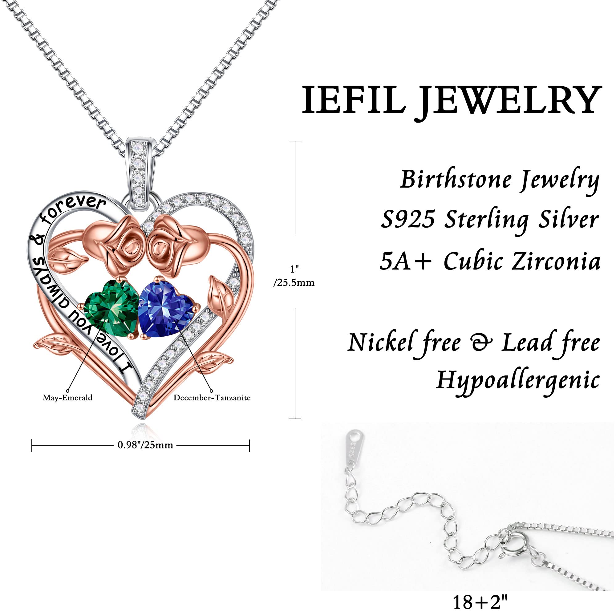 Rose Heart Double Birthstone Necklace for Women - Personalized Jewelry Gift for Wife, Girlfriend, Mom, Grandma | Birthday, Anniversary, Valentine's Day Present | Elegant Gemstone Pendant for Everyday Wear & Special Occasions